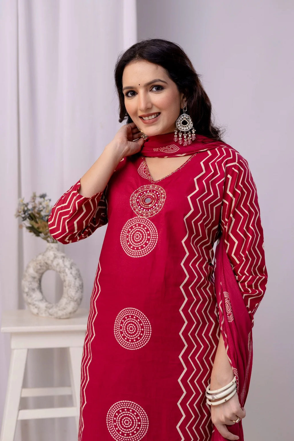 Cotton Embroidered Kurta Pant with Original Mirror Work Printed Dupatta