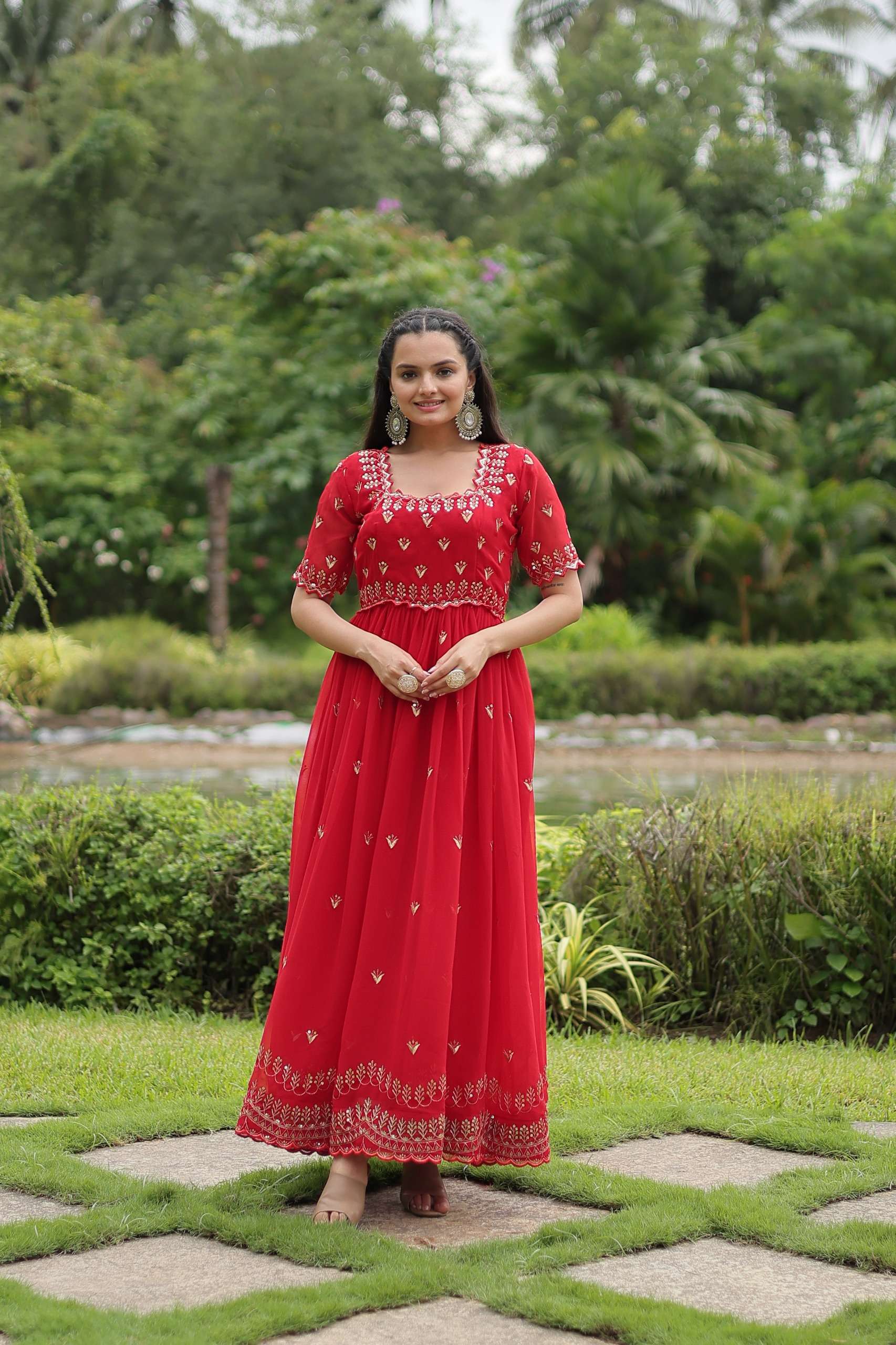 Elegant Faux Blooming Gown â€“ Zari & Sequence Embroidered Luxury