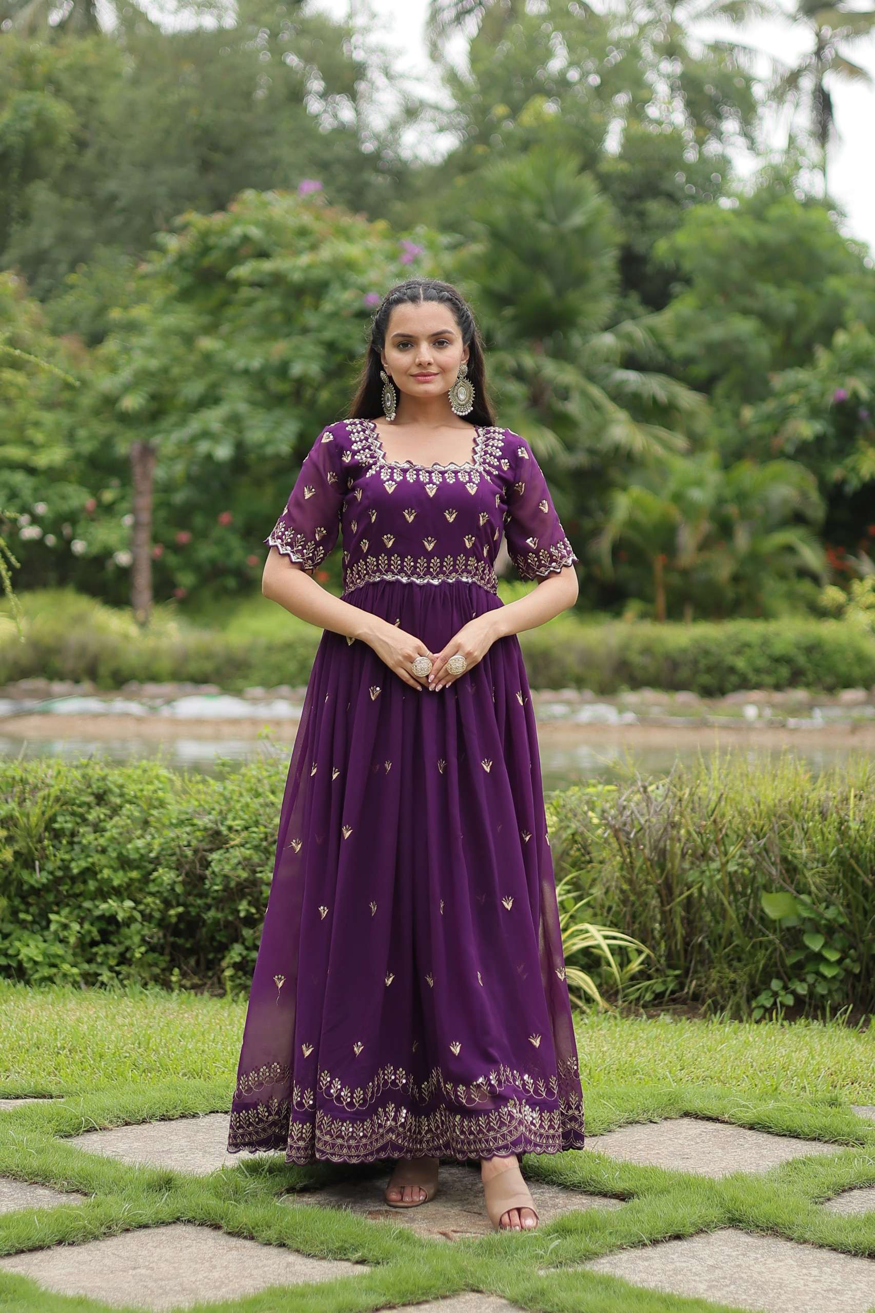 Royal Partywear Gown â€“ Faux Blooming Embroidery with Square Neck