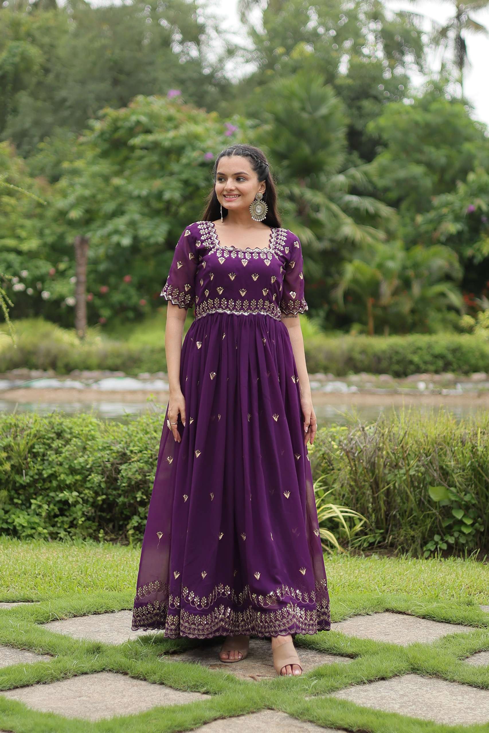 Royal Partywear Gown â€“ Faux Blooming Embroidery with Square Neck