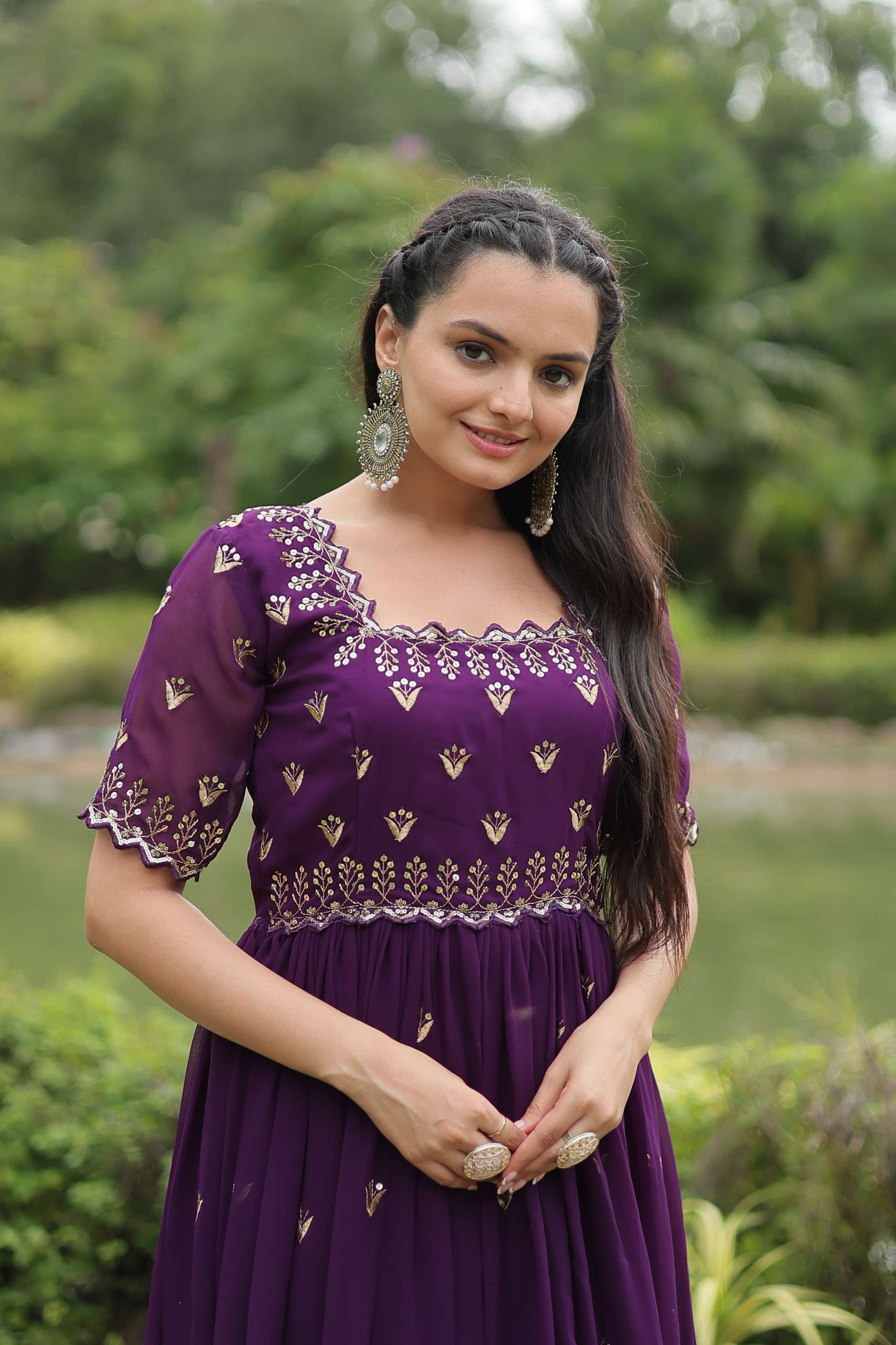 Royal Partywear Gown â€“ Faux Blooming Embroidery with Square Neck