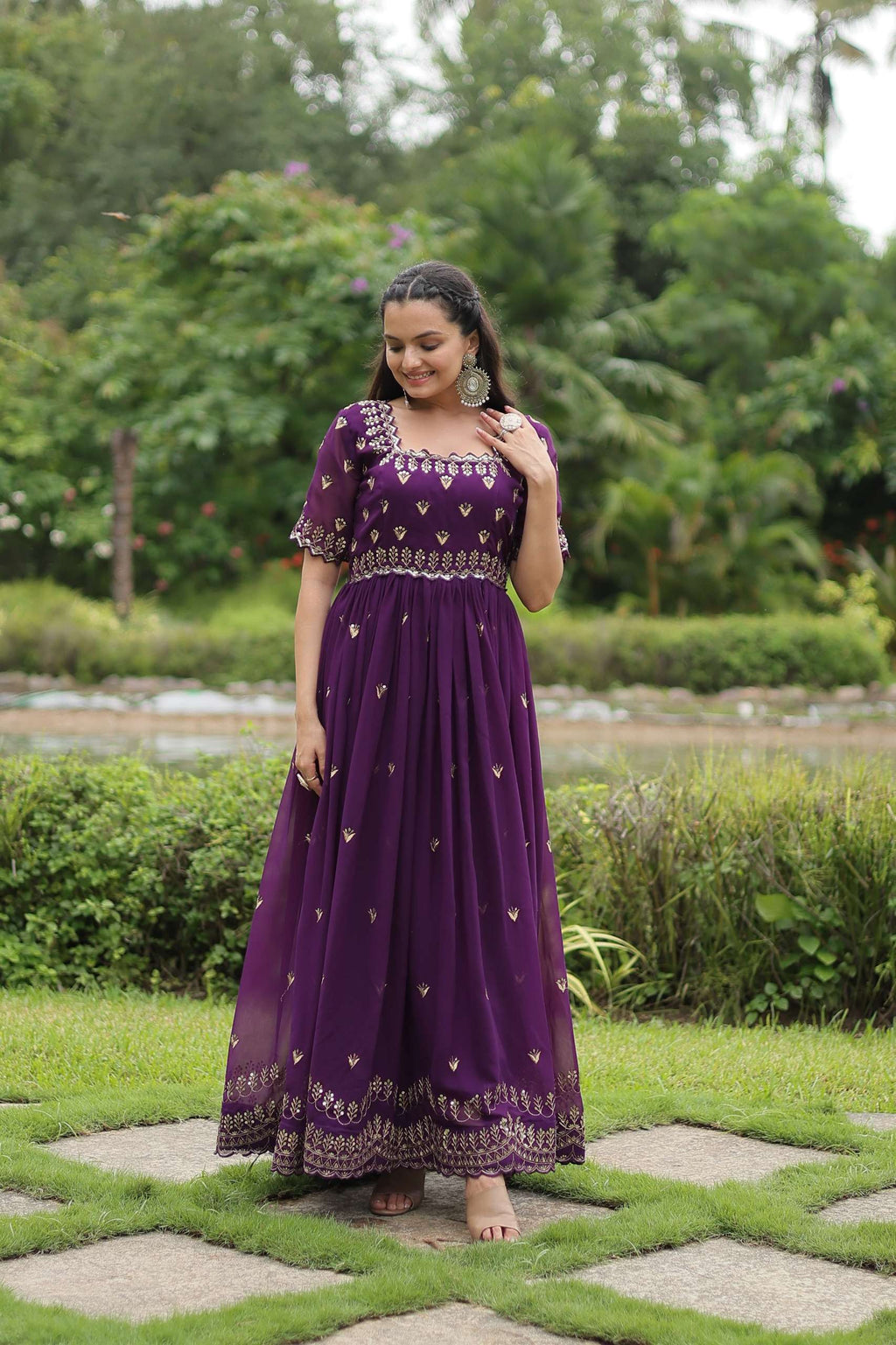 Royal Partywear Gown â€“ Faux Blooming Embroidery with Square Neck