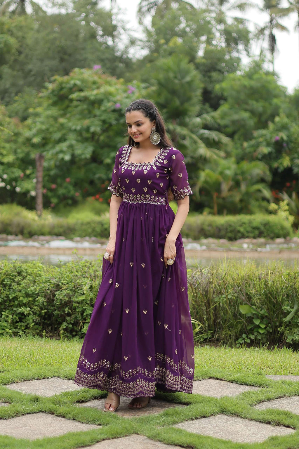 Royal Partywear Gown â€“ Faux Blooming Embroidery with Square Neck