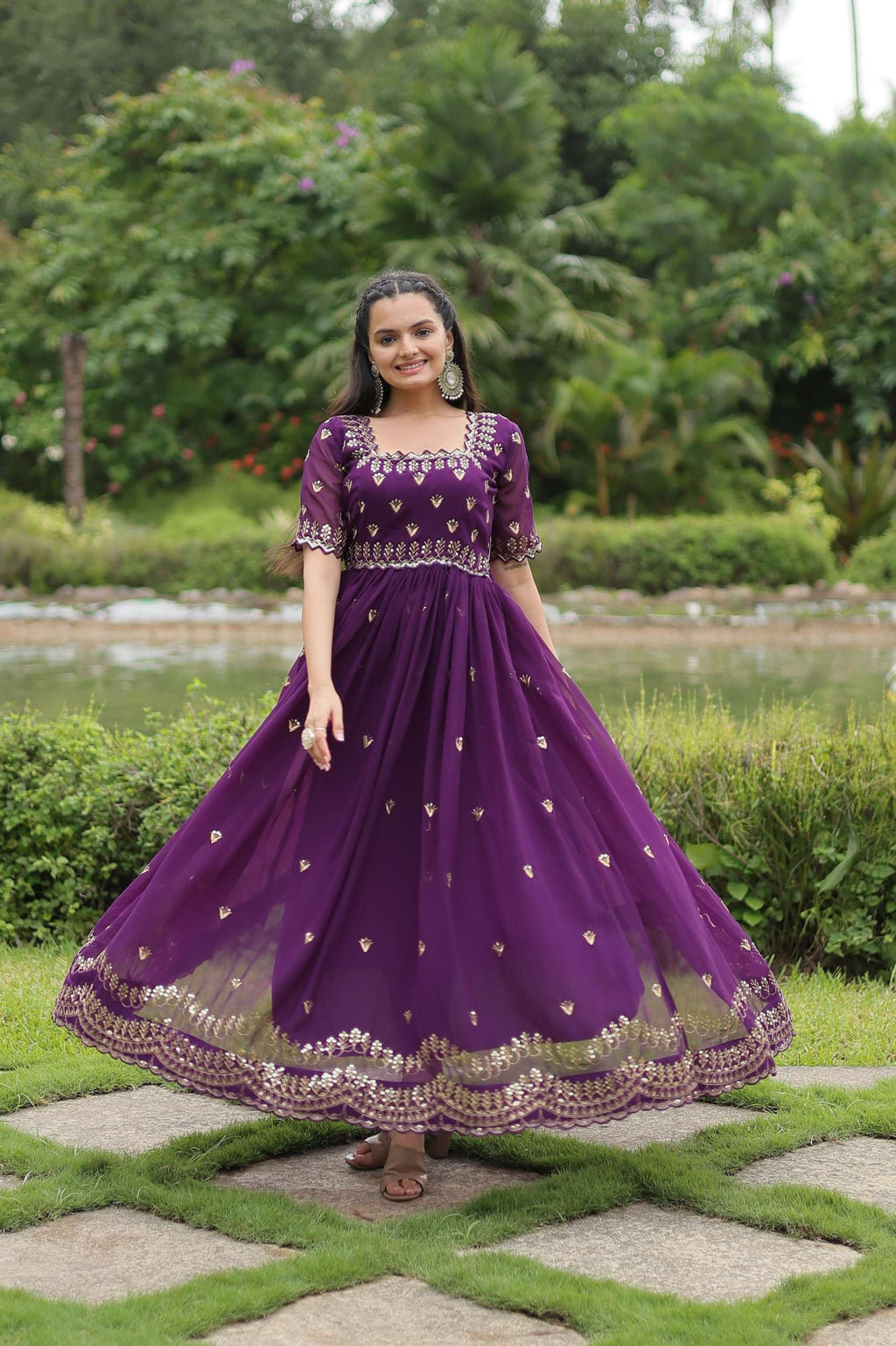 Royal Partywear Gown â€“ Faux Blooming Embroidery with Square Neck
