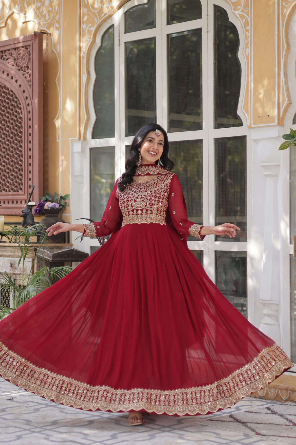 Graceful Faux Blooming Gown with Heavy Embroidery & Dupatta