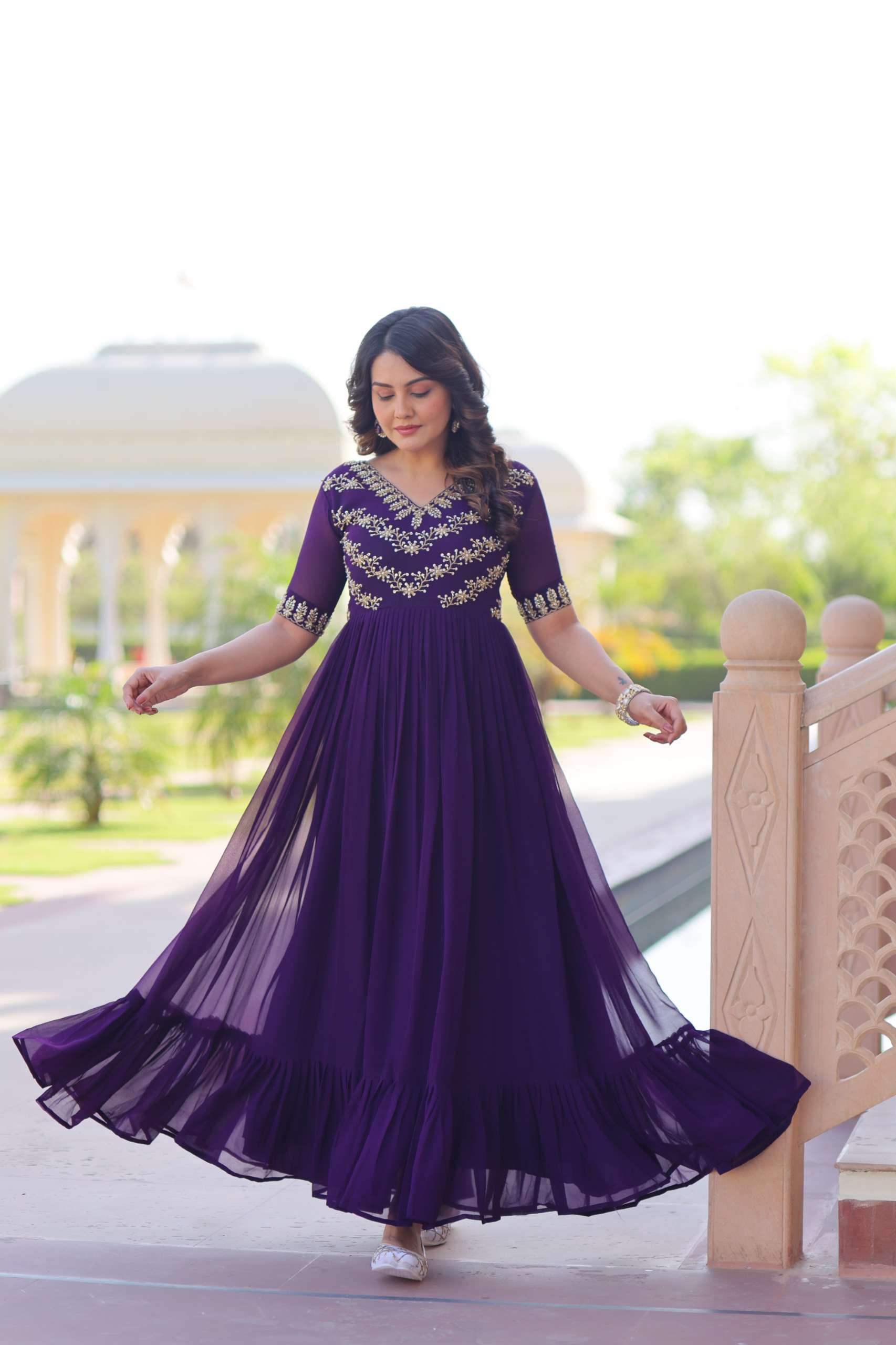 Luxury Faux Blooming Gown With Sequence & Beads Embroidery
