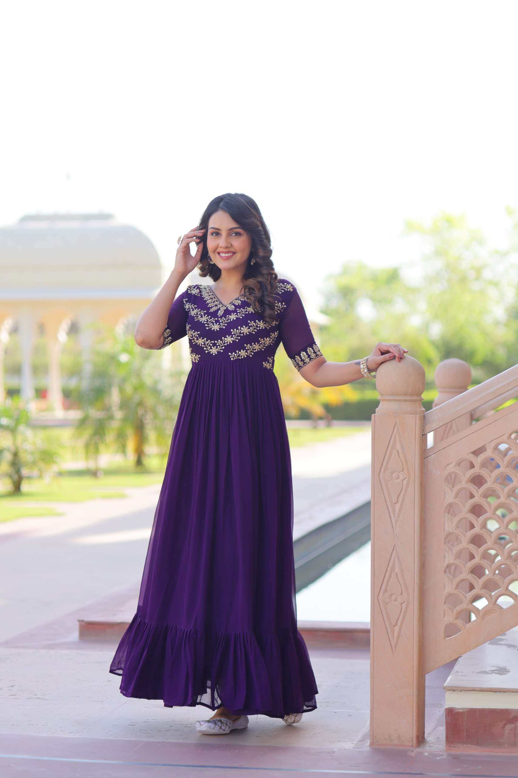 Luxury Faux Blooming Gown With Sequence & Beads Embroidery