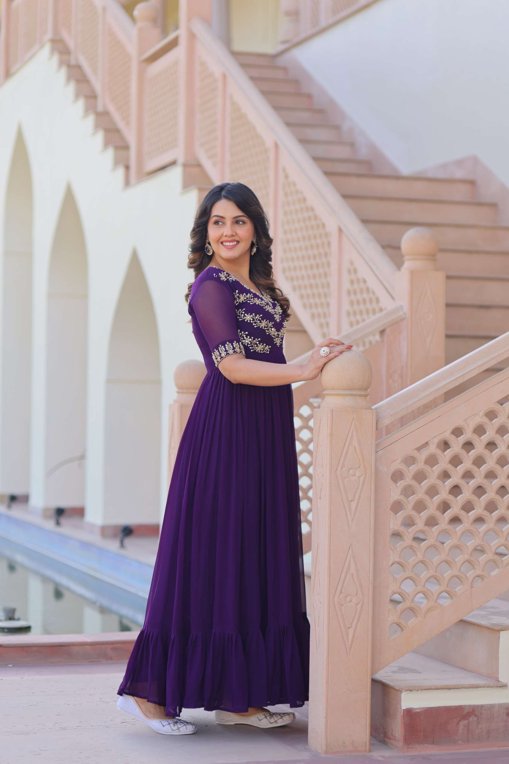 Luxury Faux Blooming Gown With Sequence & Beads Embroidery