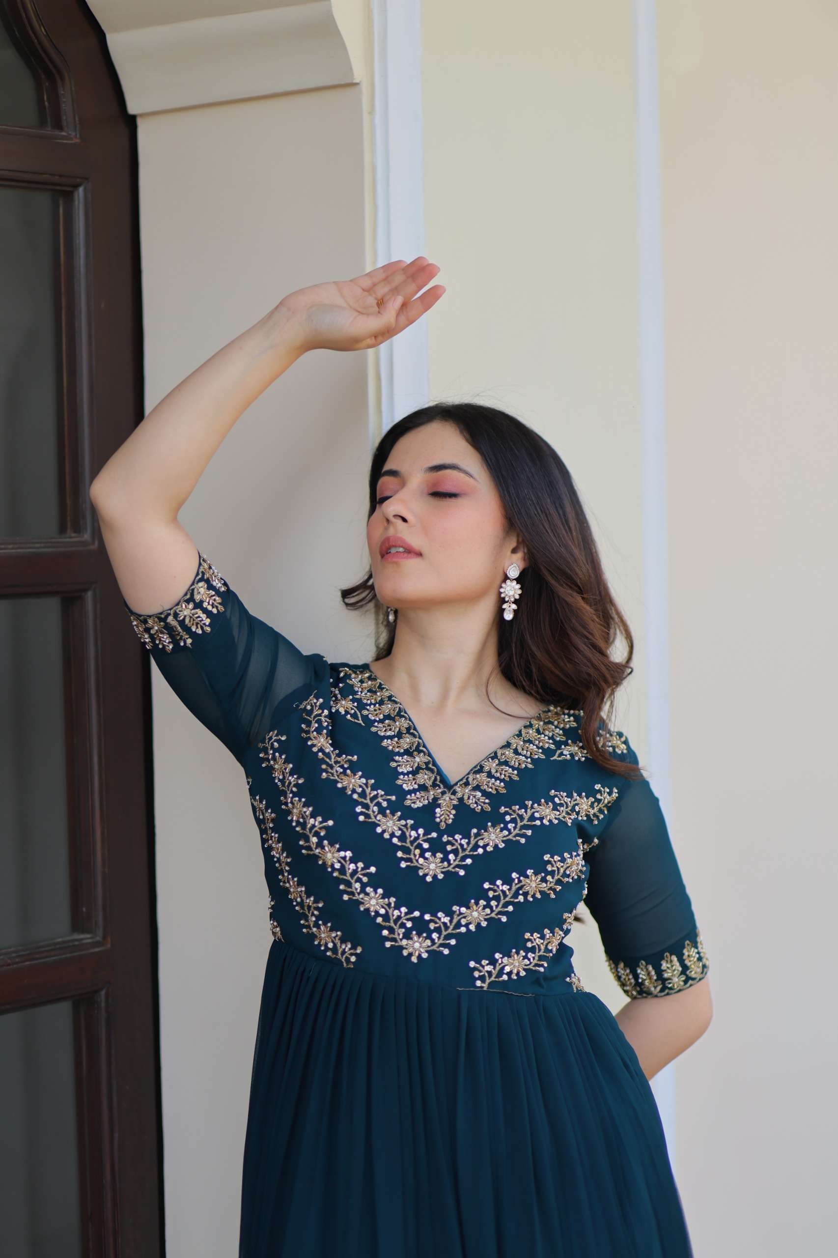 Elegant Partywear Gown in Faux Blooming Fabric â€“ Multithread Sequence Work