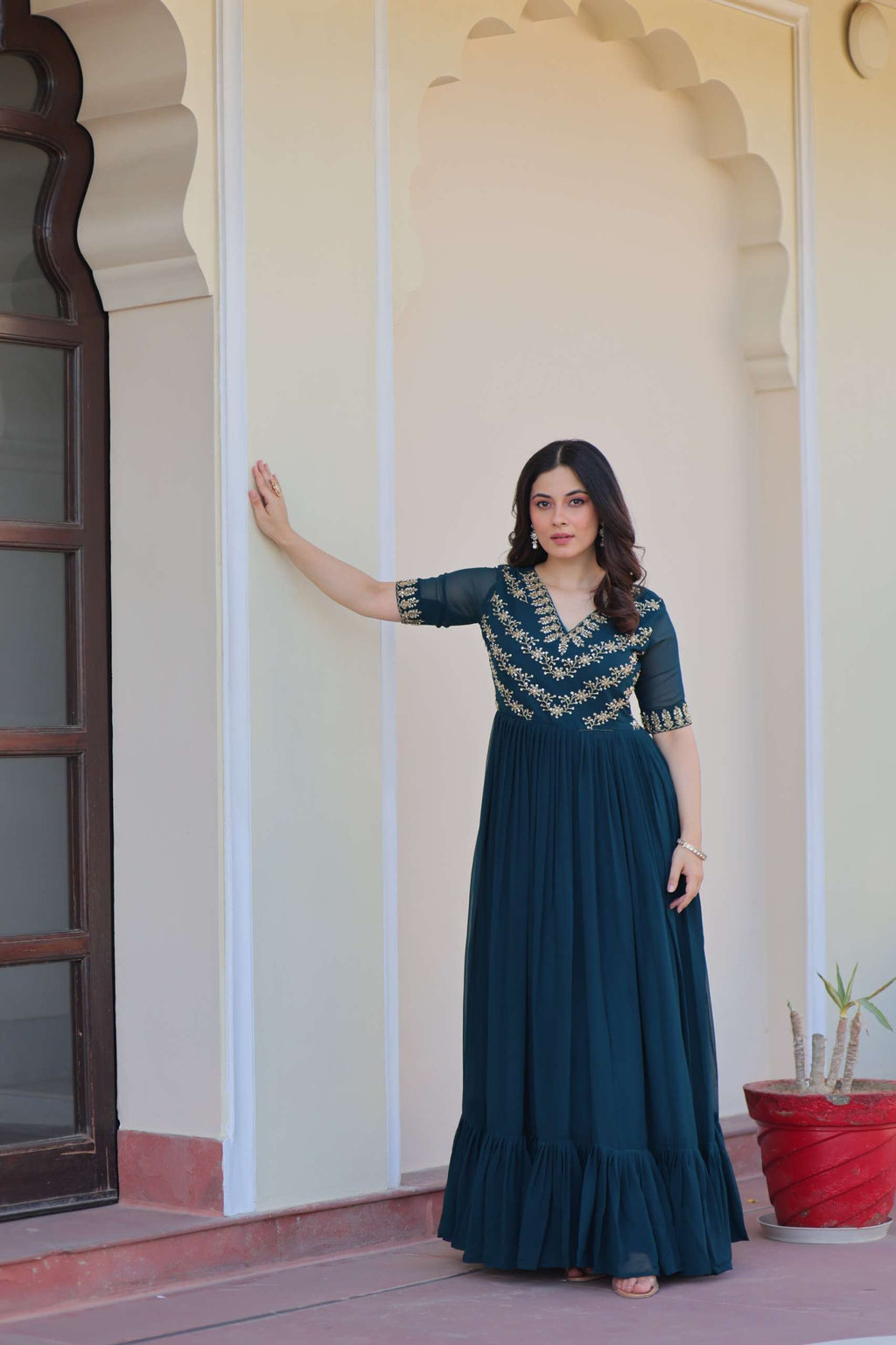 Elegant Partywear Gown in Faux Blooming Fabric â€“ Multithread Sequence Work