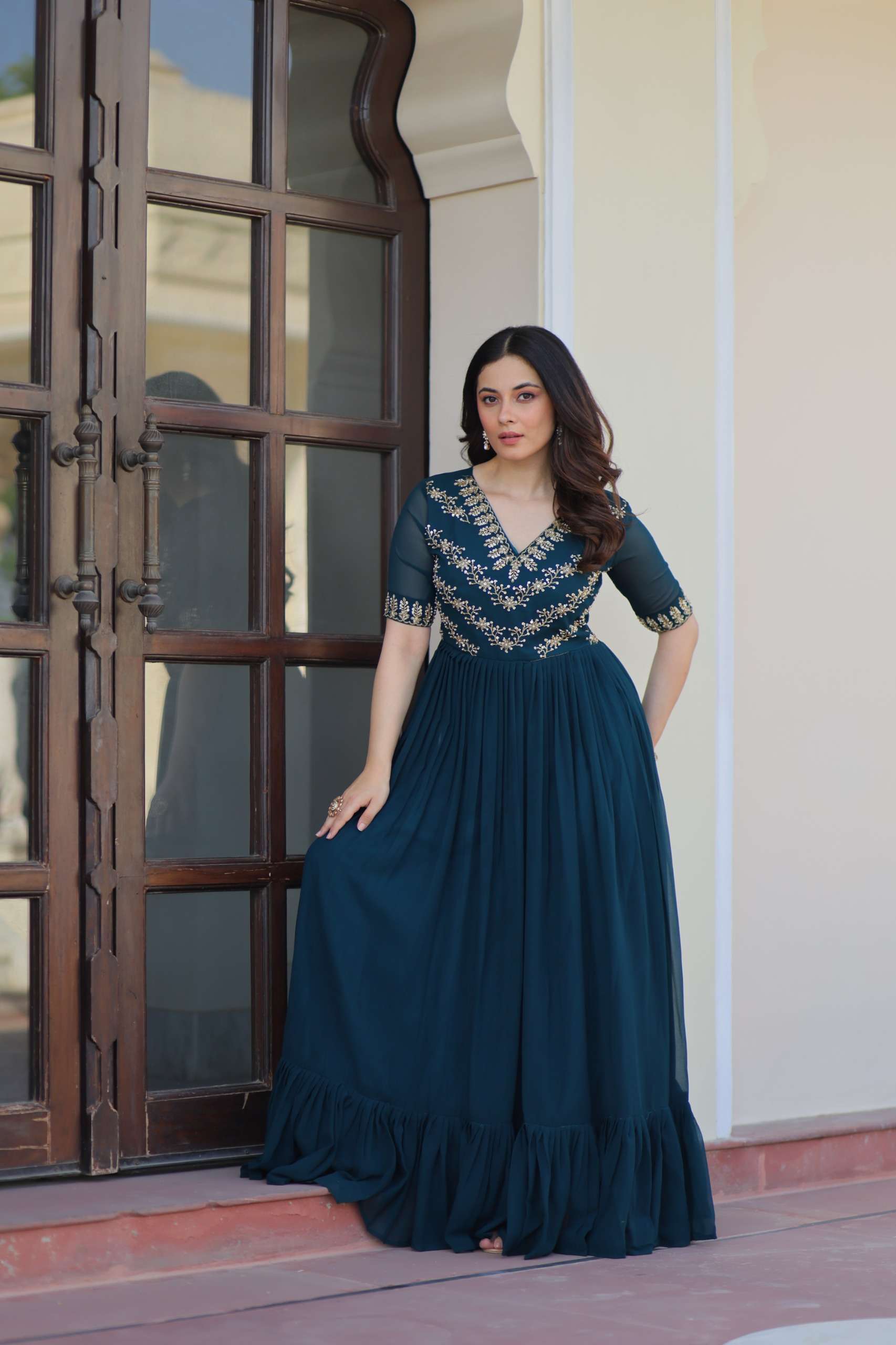 Elegant Partywear Gown in Faux Blooming Fabric â€“ Multithread Sequence Work