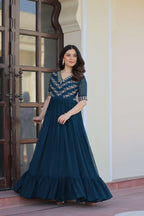 Elegant Partywear Gown in Faux Blooming Fabric â€“ Multithread Sequence Work