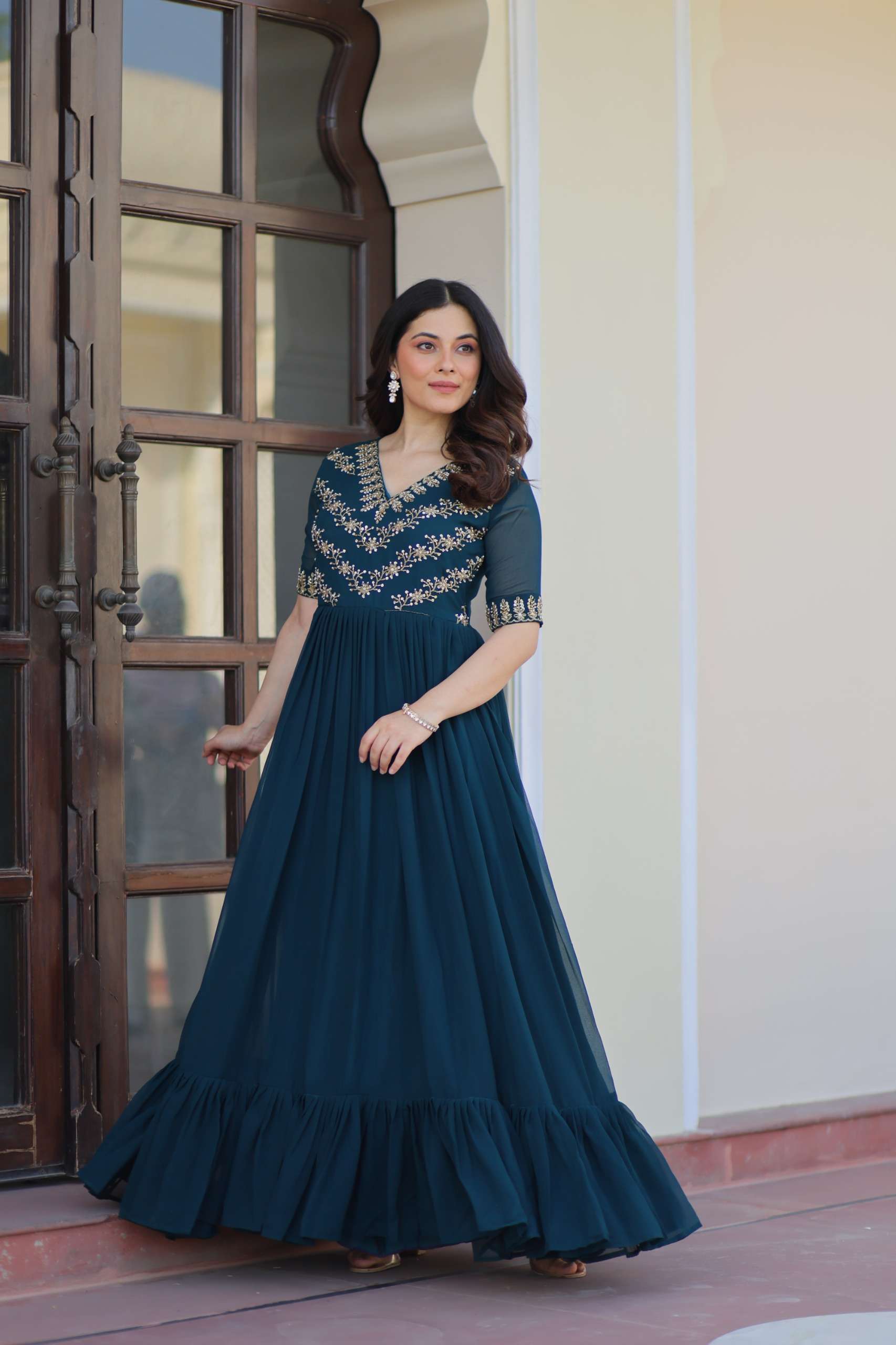 Elegant Partywear Gown in Faux Blooming Fabric â€“ Multithread Sequence Work