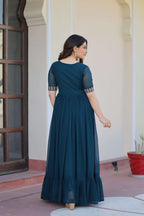 Elegant Partywear Gown in Faux Blooming Fabric â€“ Multithread Sequence Work