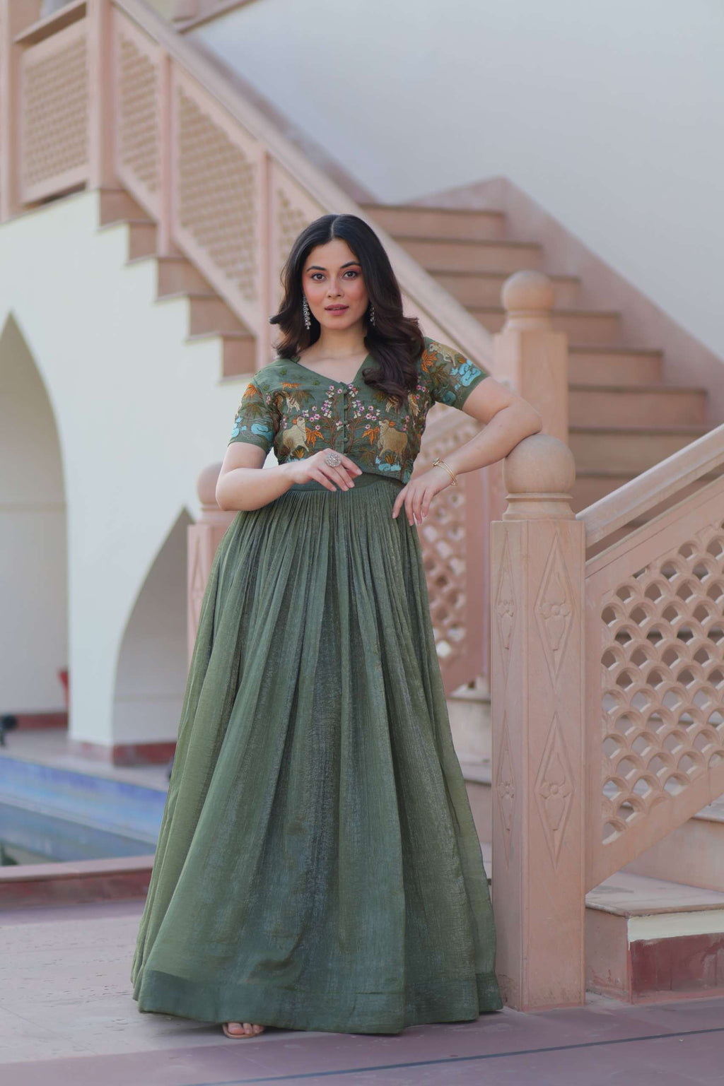 Silver Crunchy Fabric Designer Gown with Embroidered Koti
