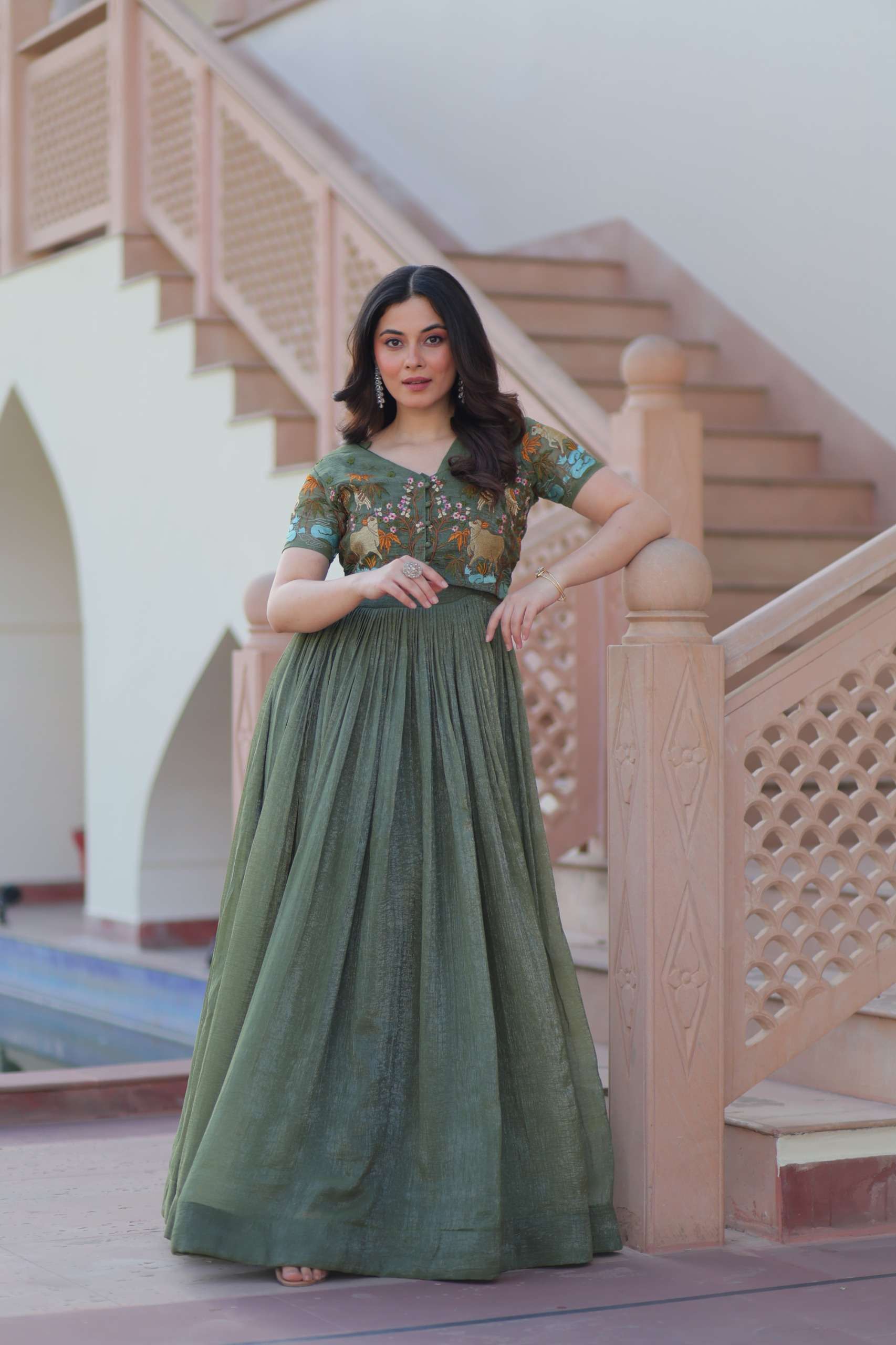 Silver Crunchy Fabric Designer Gown with Embroidered Koti