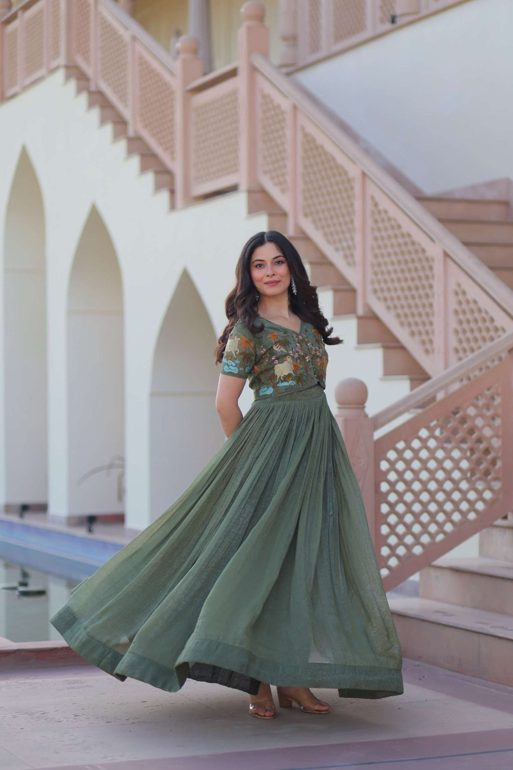 Silver Crunchy Fabric Designer Gown with Embroidered Koti