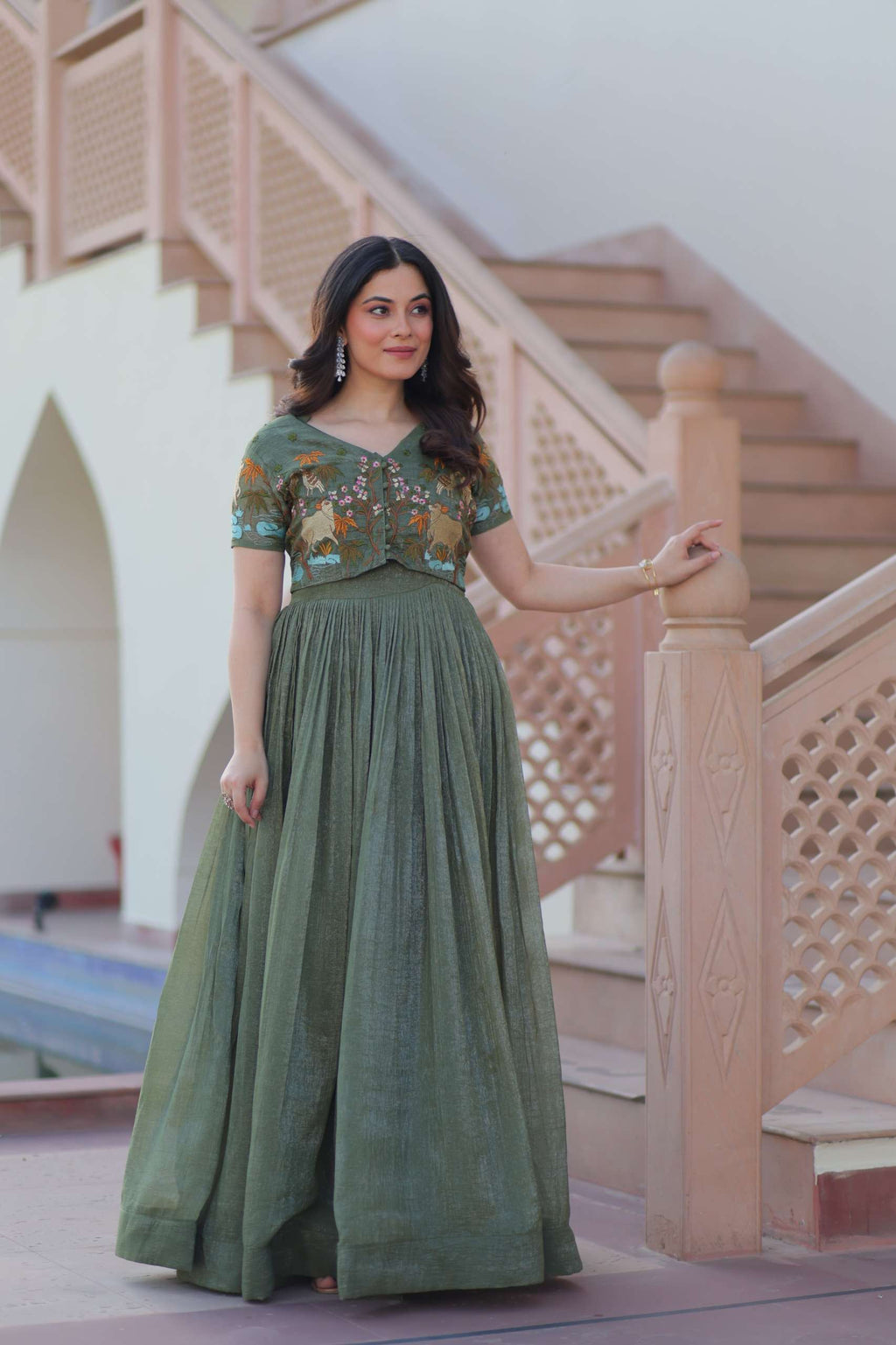Silver Crunchy Fabric Designer Gown with Embroidered Koti
