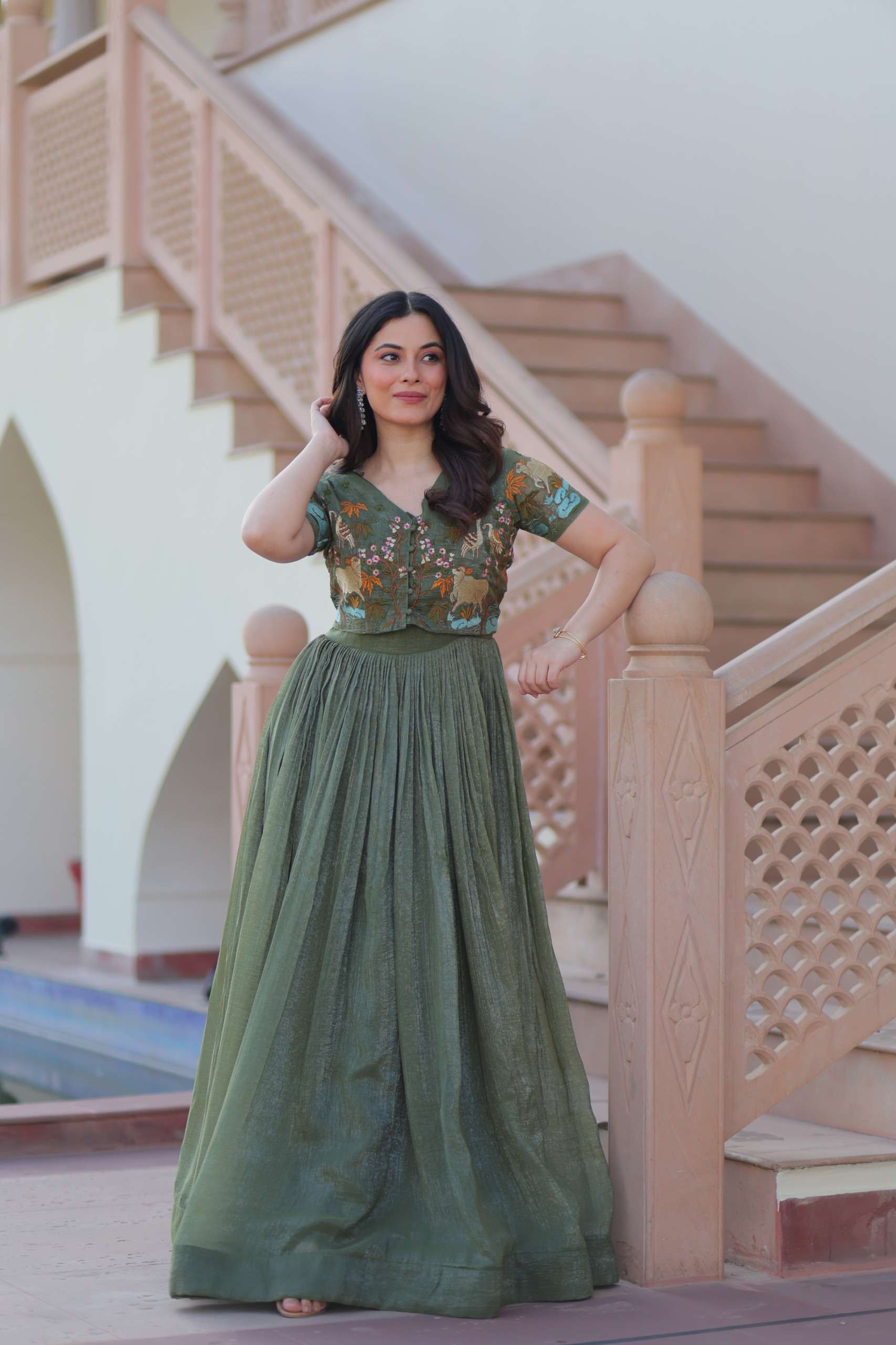 Silver Crunchy Fabric Designer Gown with Embroidered Koti