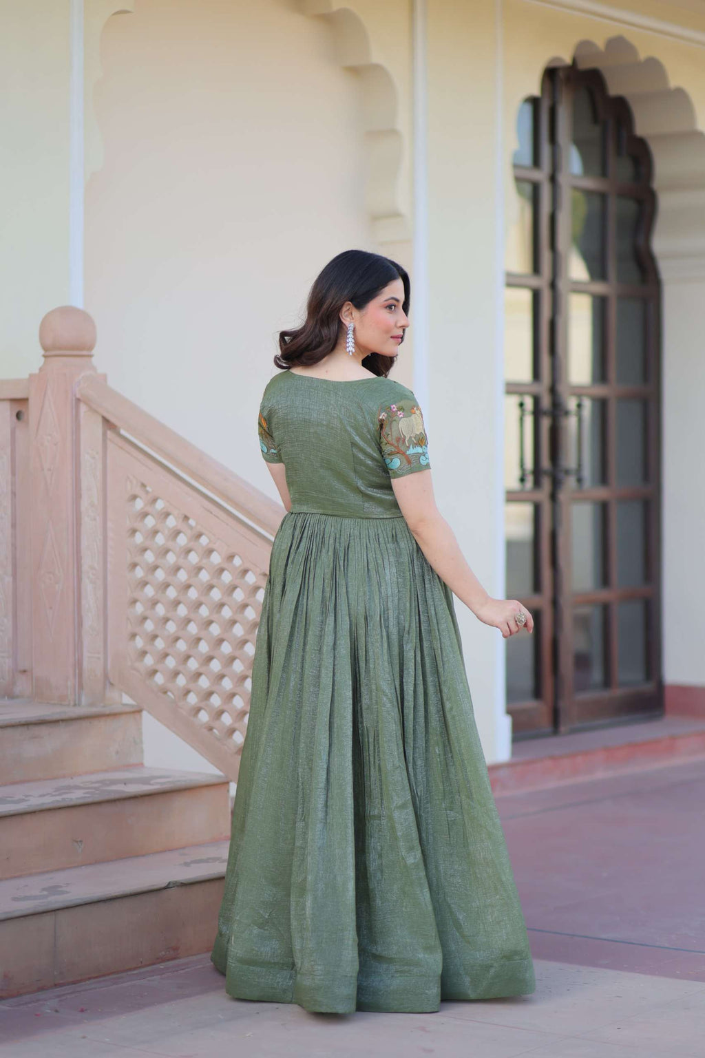 Silver Crunchy Fabric Designer Gown with Embroidered Koti