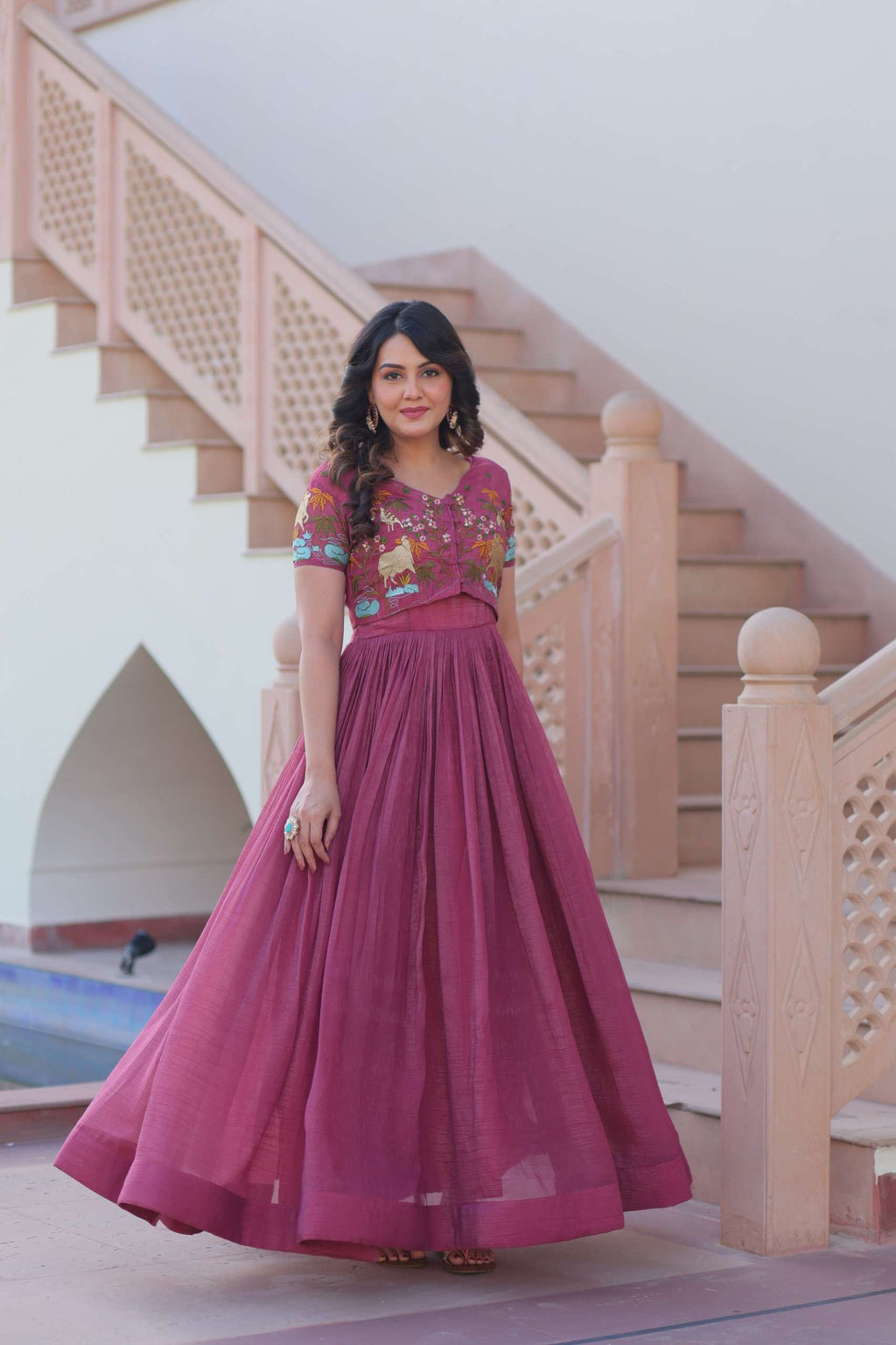 Elegant Sleeveless Silver Gown with Short-Sleeve Embroidered Koti