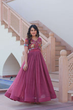 Elegant Sleeveless Silver Gown with Short-Sleeve Embroidered Koti