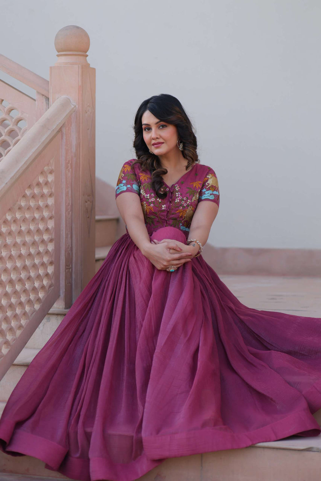 Elegant Sleeveless Silver Gown with Short-Sleeve Embroidered Koti