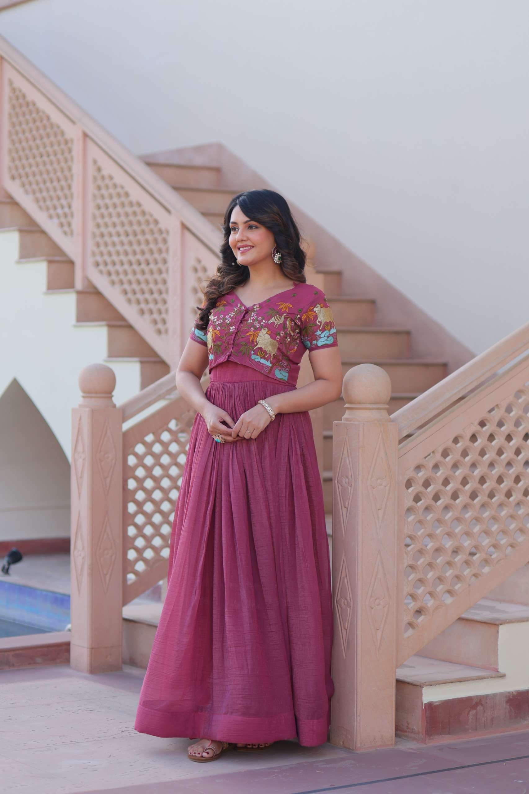 Elegant Sleeveless Silver Gown with Short-Sleeve Embroidered Koti