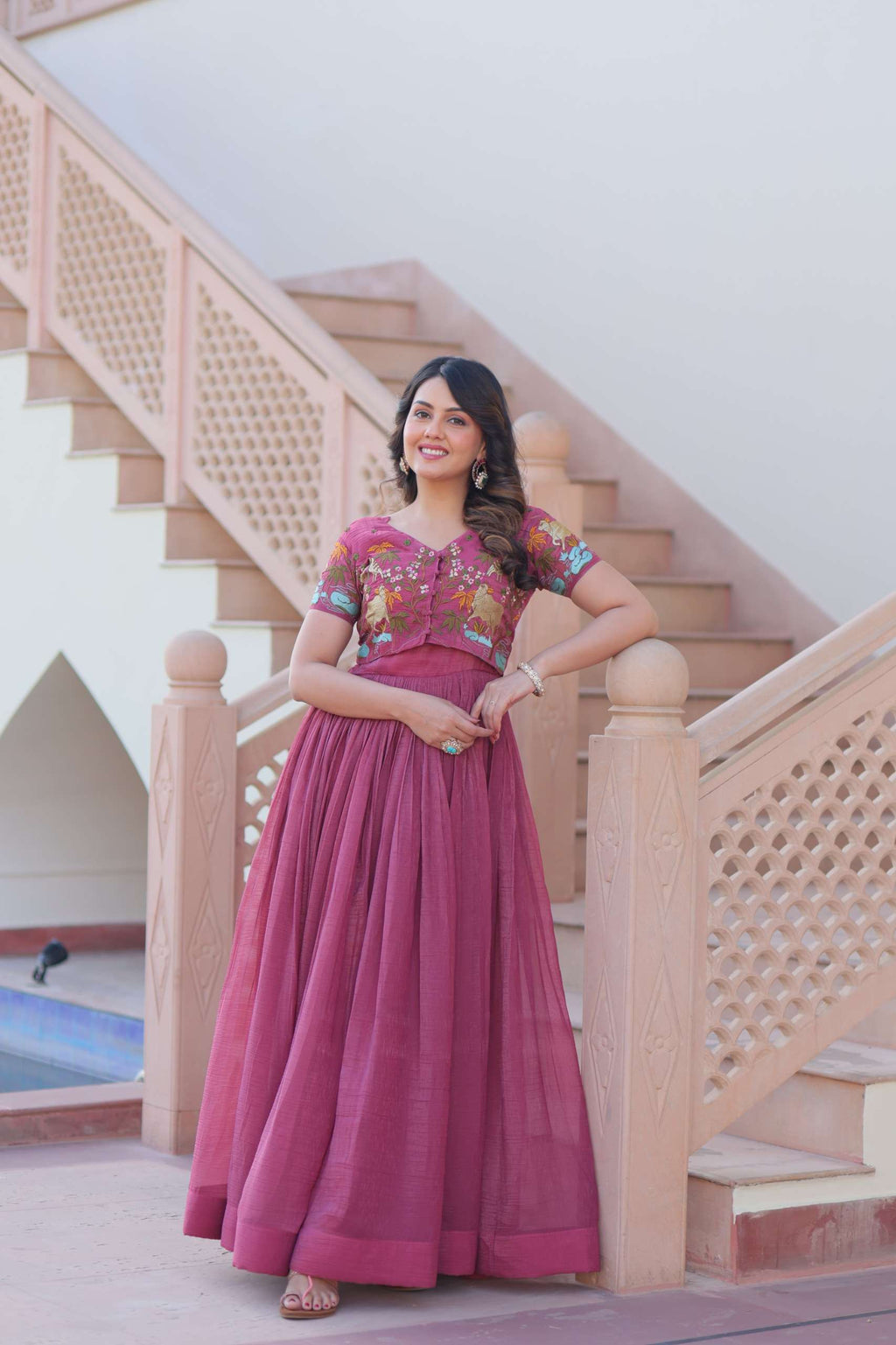 Elegant Sleeveless Silver Gown with Short-Sleeve Embroidered Koti