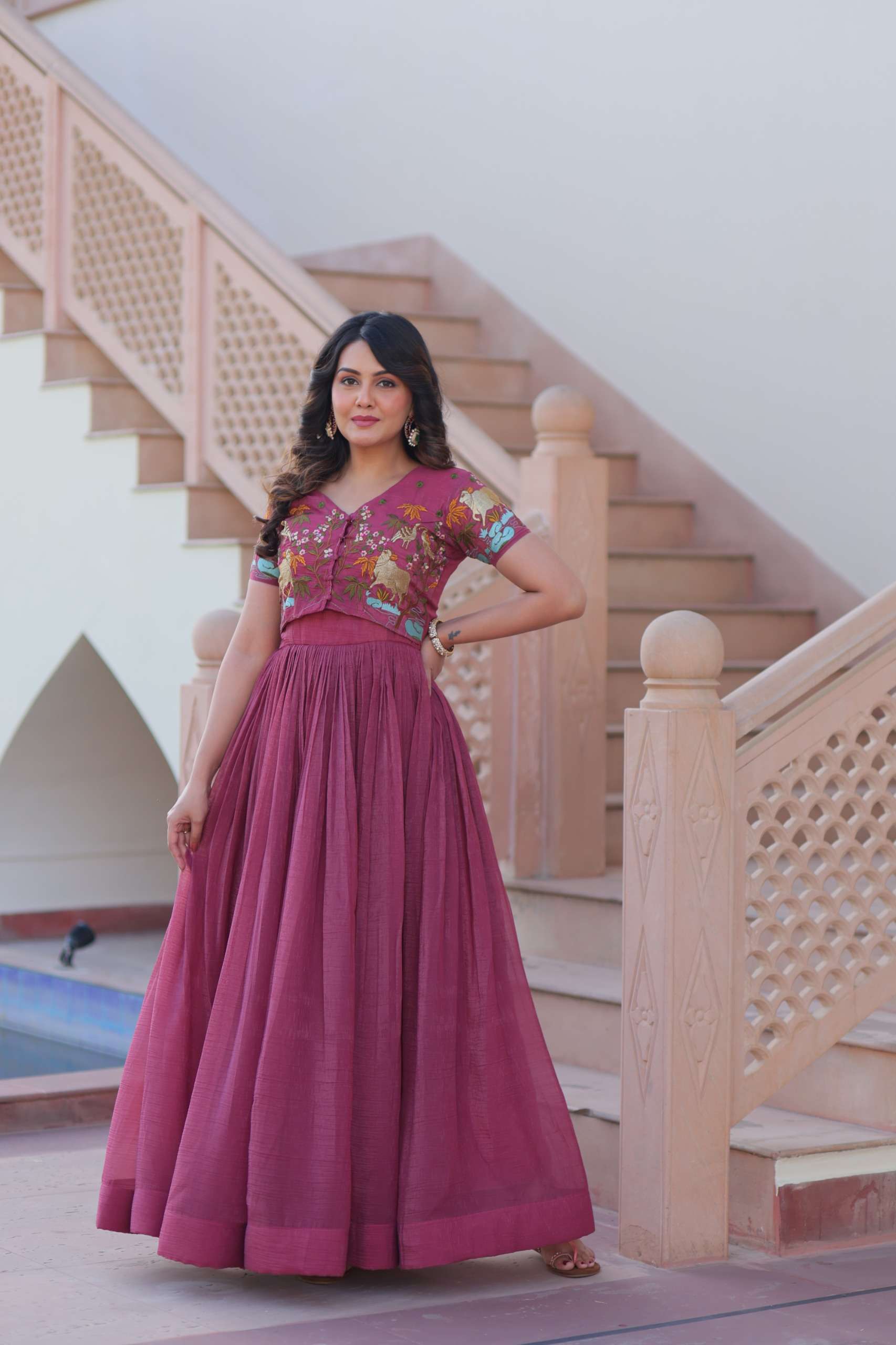 Elegant Sleeveless Silver Gown with Short-Sleeve Embroidered Koti