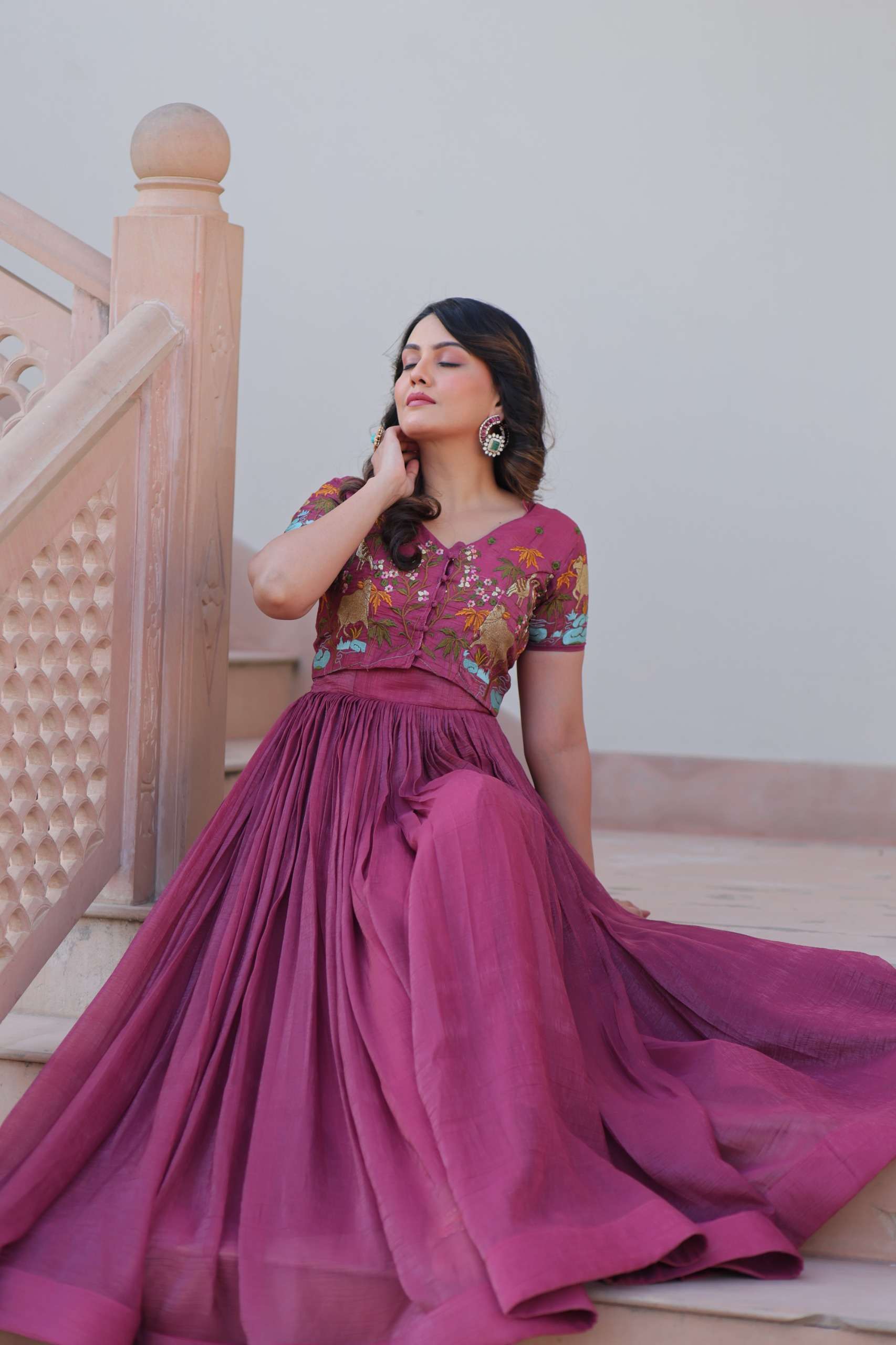 Elegant Sleeveless Silver Gown with Short-Sleeve Embroidered Koti
