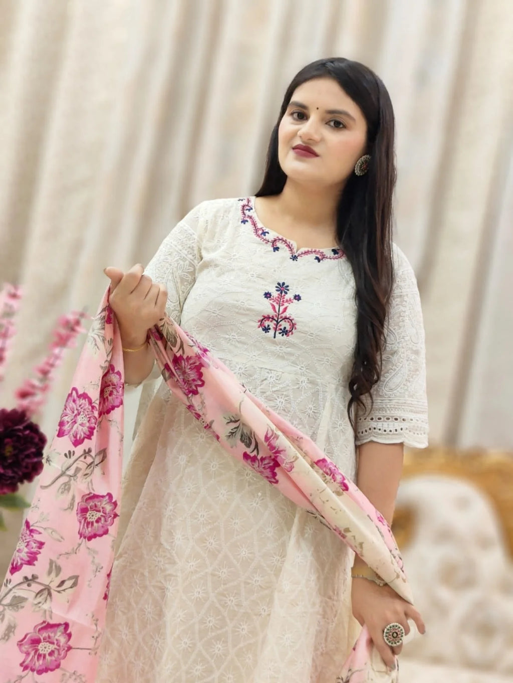 Elegant Hand Thread Embroidered Anarkali with Silk Dupatta