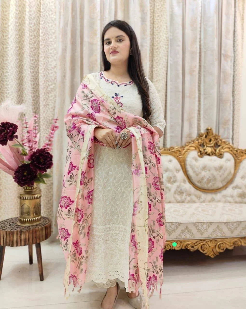 Elegant Hand Thread Embroidered Anarkali with Silk Dupatta