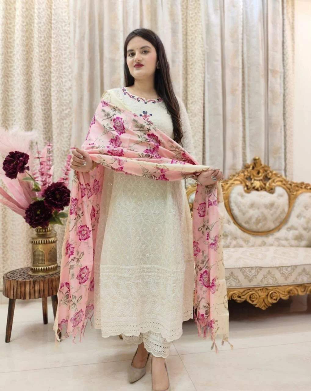 Elegant Hand Thread Embroidered Anarkali with Silk Dupatta