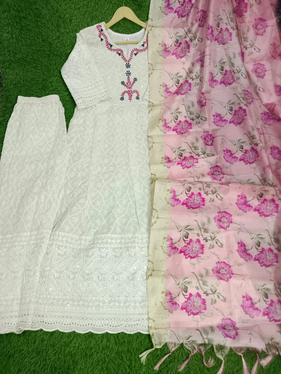 Elegant Hand Thread Embroidered Anarkali with Silk Dupatta