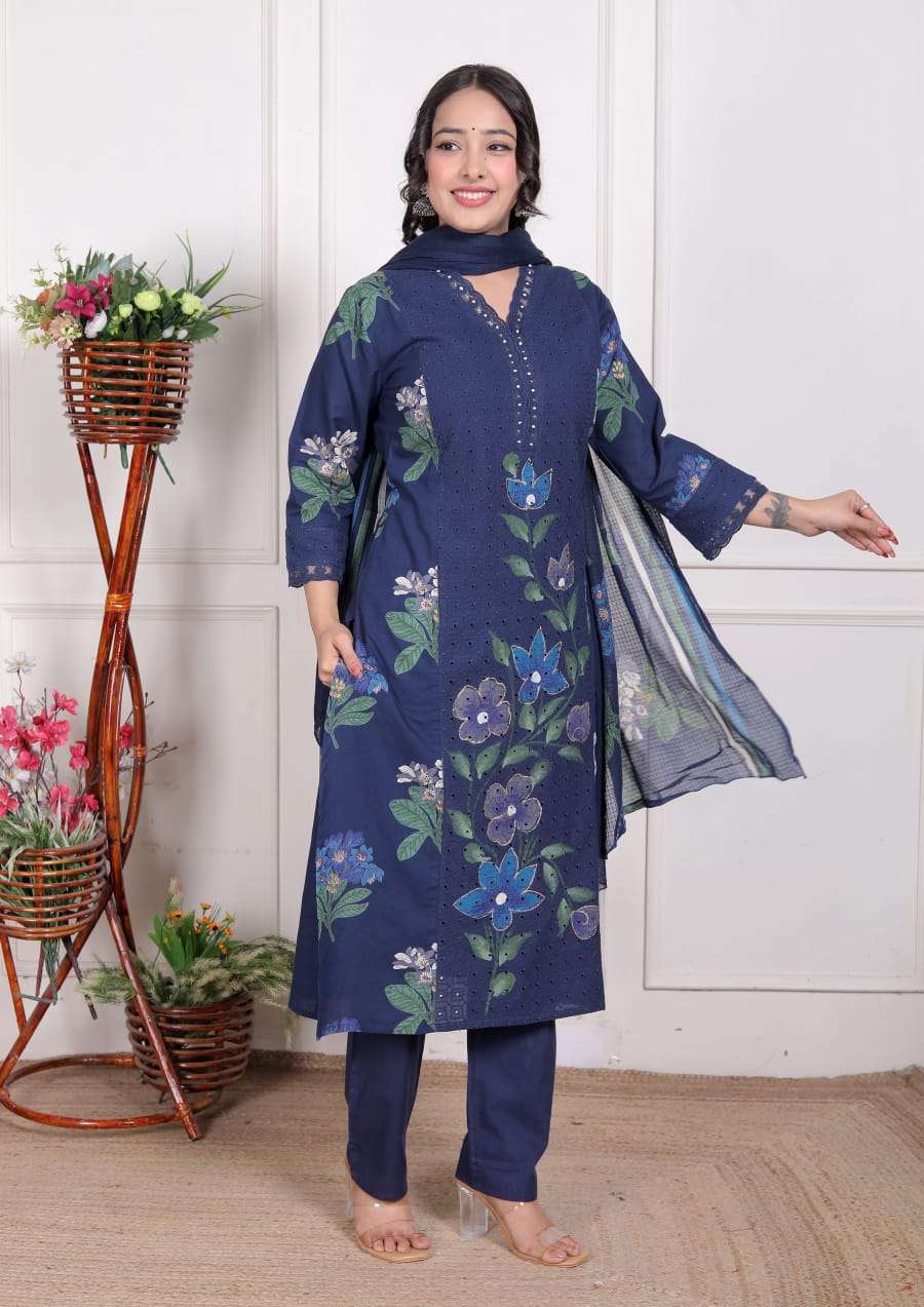New Launch Cotton Schiffli Embroidered Kurti Pant Dupatta Set