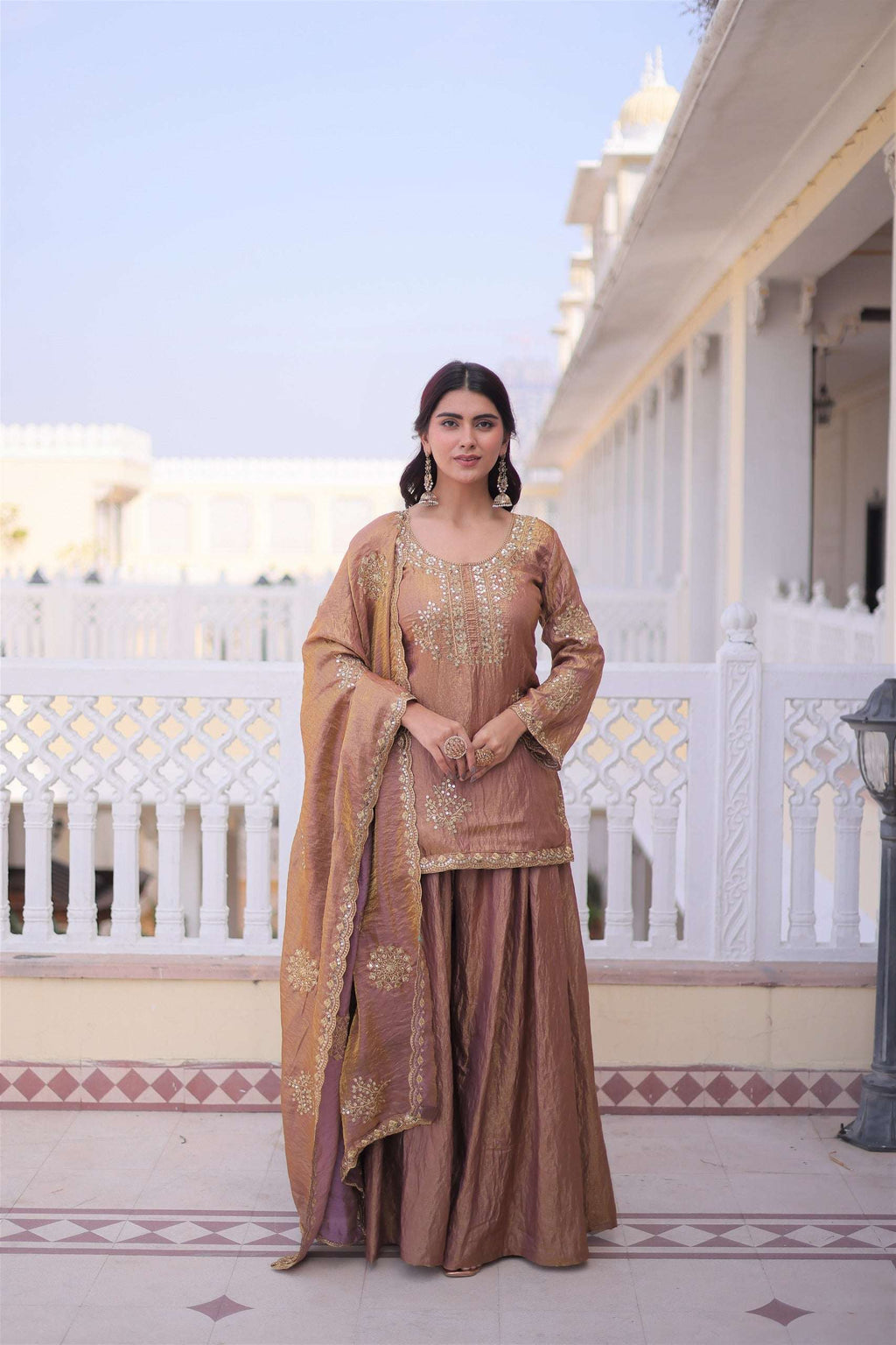 Gold Brown Kurti Sharara With Dupatta Set for Weddings and Grand Festive Moments
