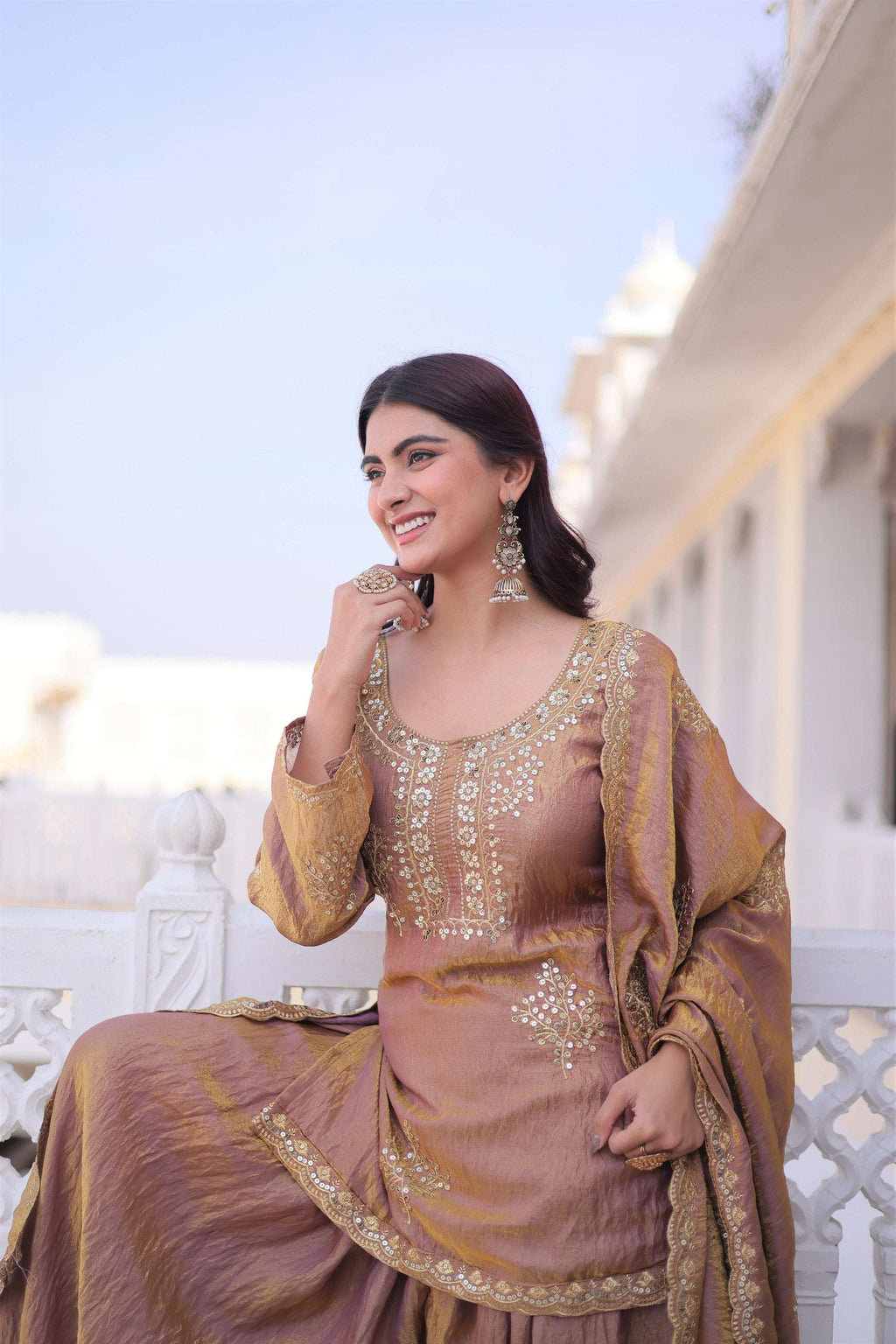 Gold Brown Kurti Sharara With Dupatta Set for Weddings and Grand Festive Moments