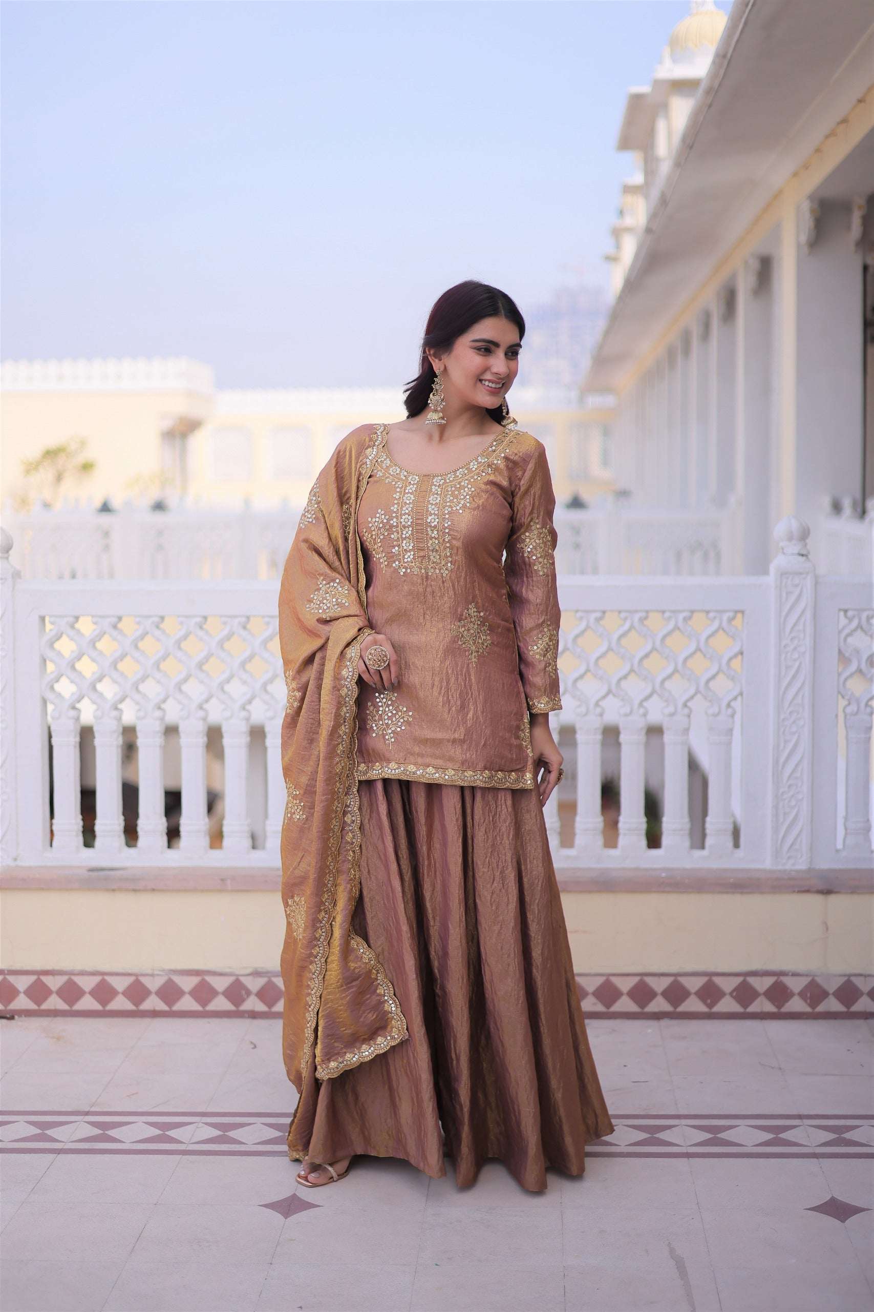 Gold Brown Kurti Sharara With Dupatta Set for Weddings and Grand Festive Moments