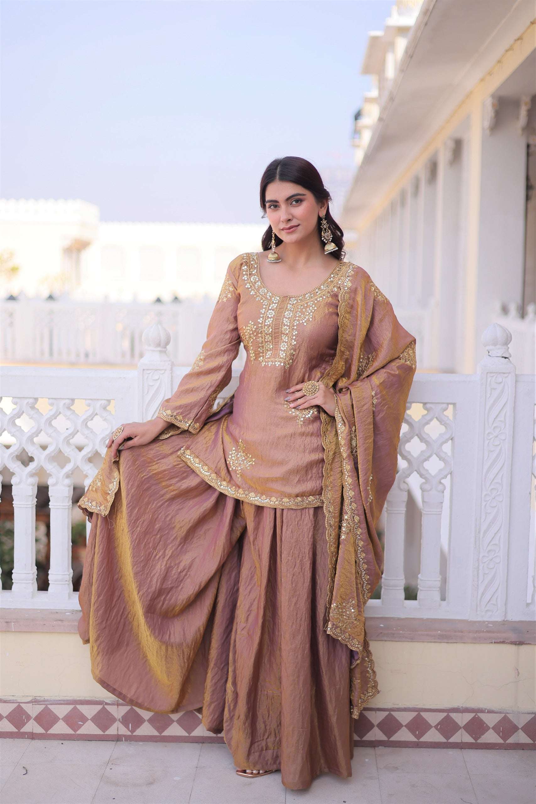 Gold Brown Kurti Sharara With Dupatta Set for Weddings and Grand Festive Moments
