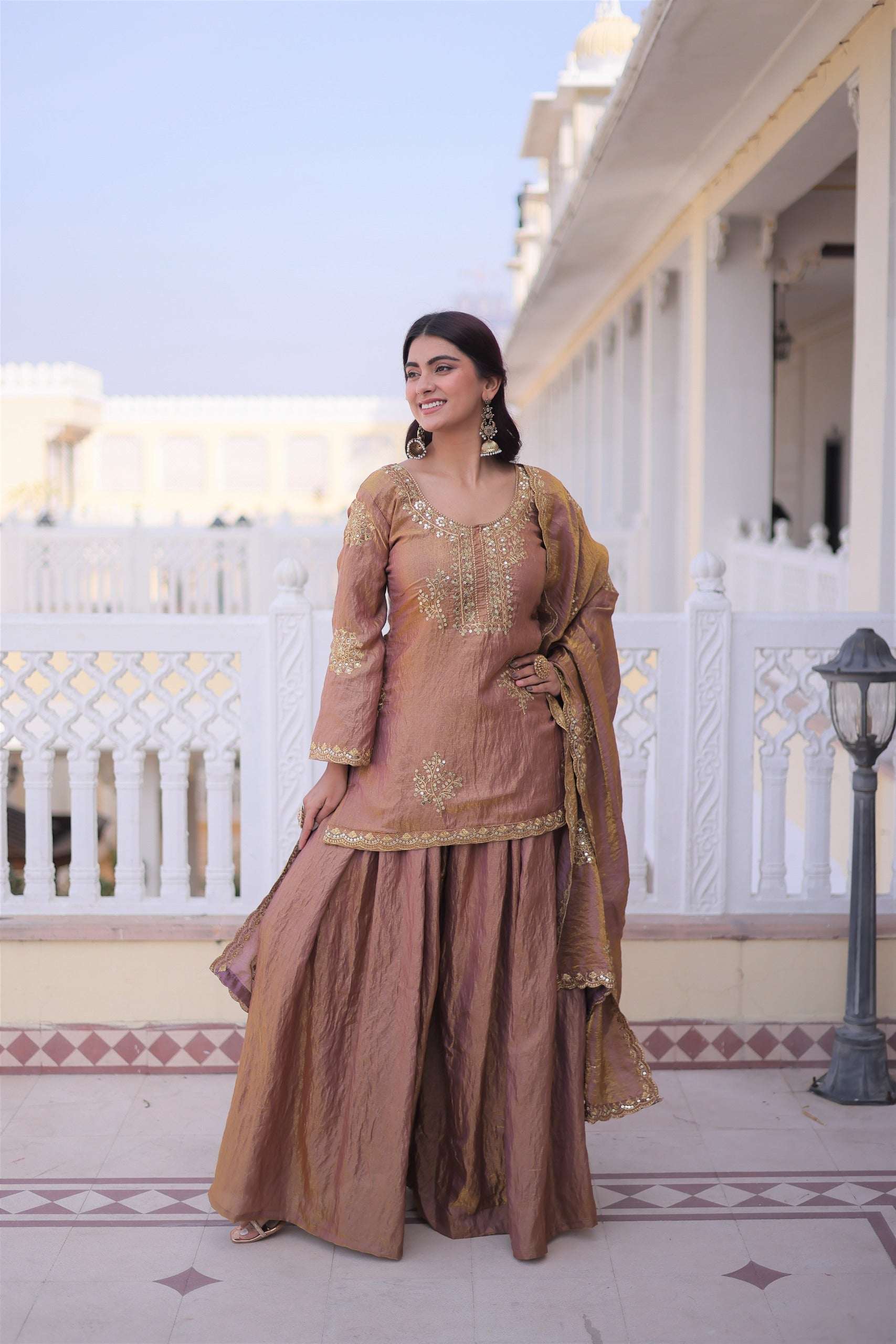 Gold Brown Kurti Sharara With Dupatta Set for Weddings and Grand Festive Moments