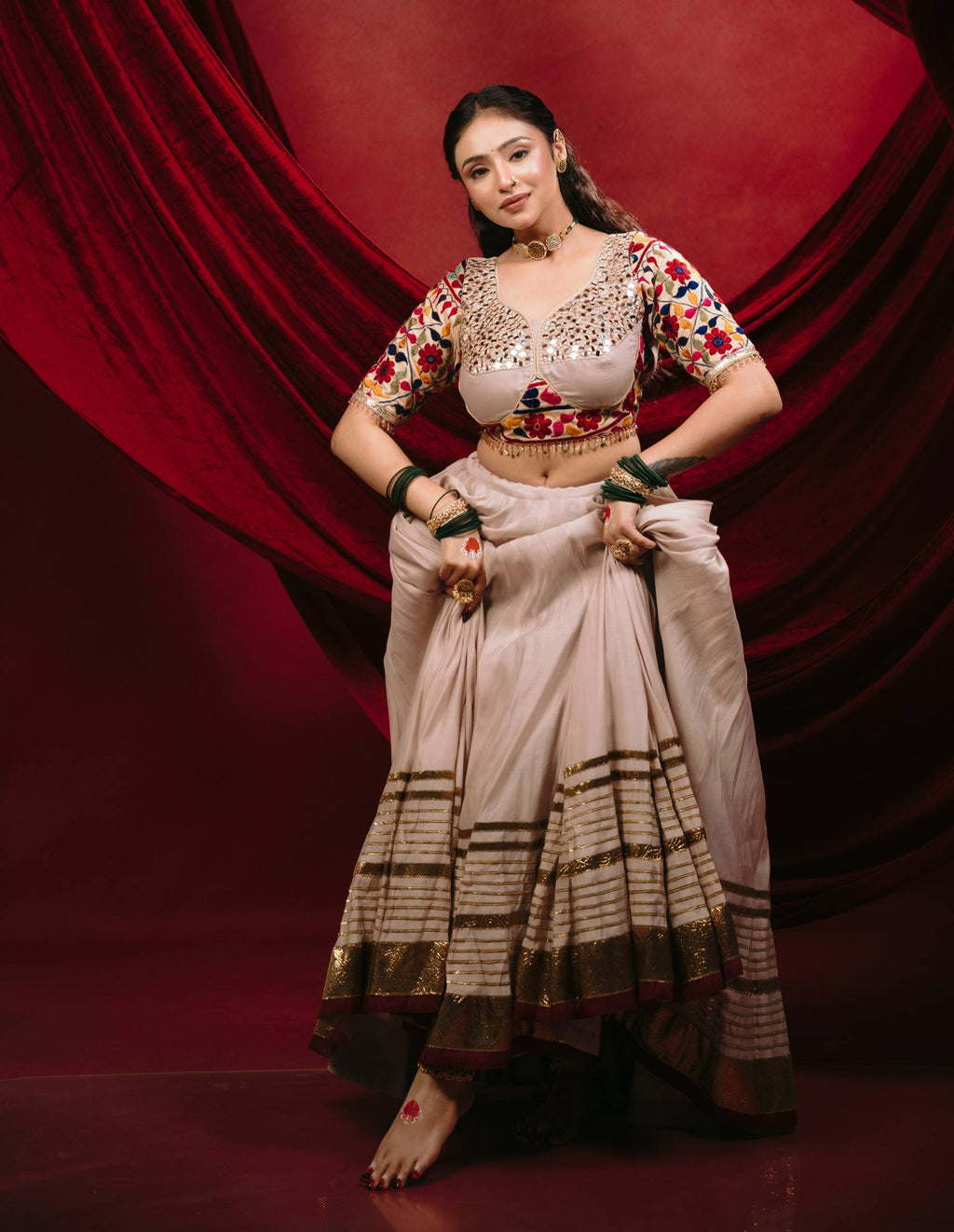 Ivory Mal Mal Cotton Mirror Work Choli Dupatta Flared Lehenga -Royal Garba Festive Look
