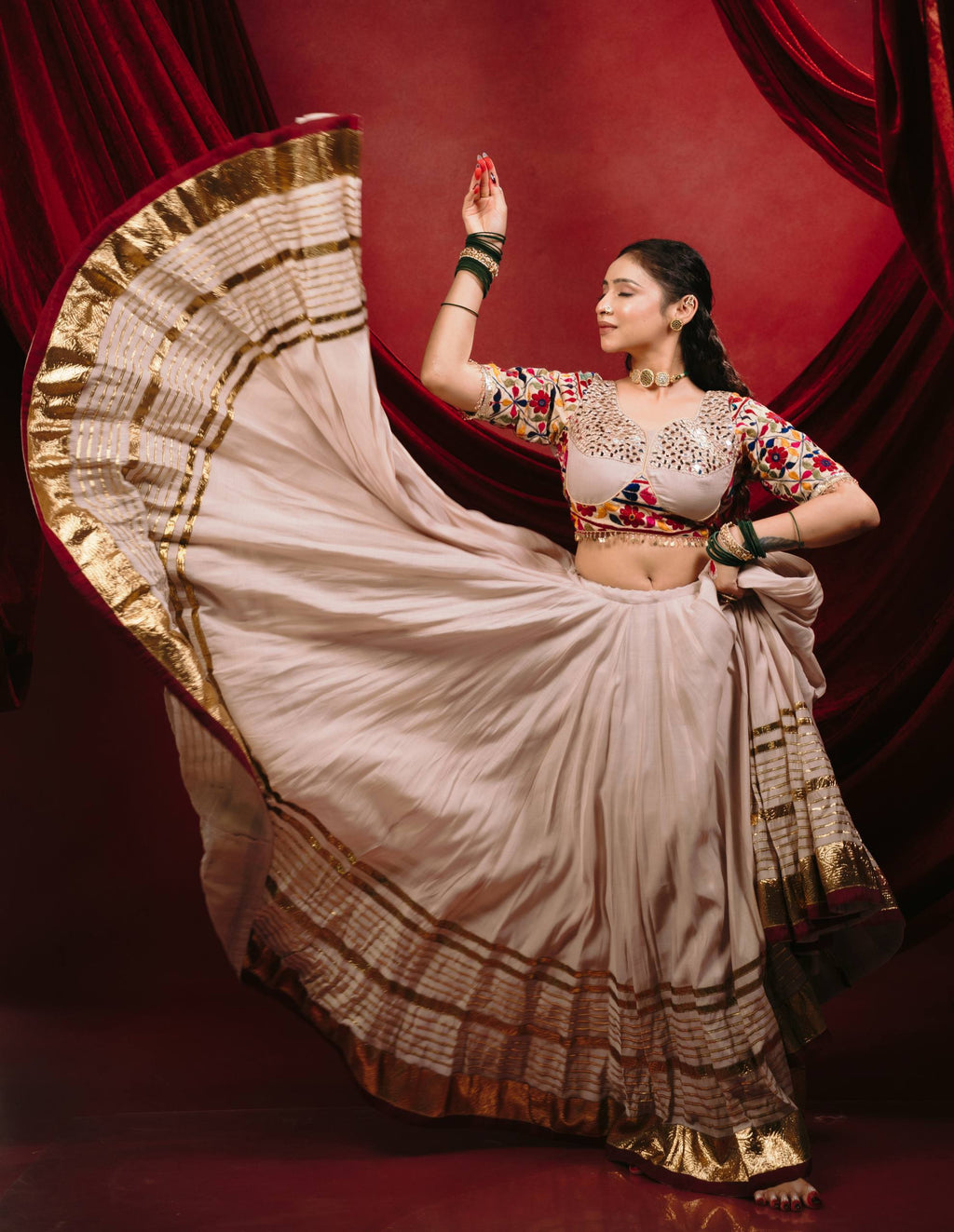 Ivory Mal Mal Cotton Mirror Work Choli Dupatta Flared Lehenga -Royal Garba Festive Look