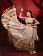 Ivory Mal Mal Cotton Mirror Work Choli Dupatta Flared Lehenga -Royal Garba Festive Look