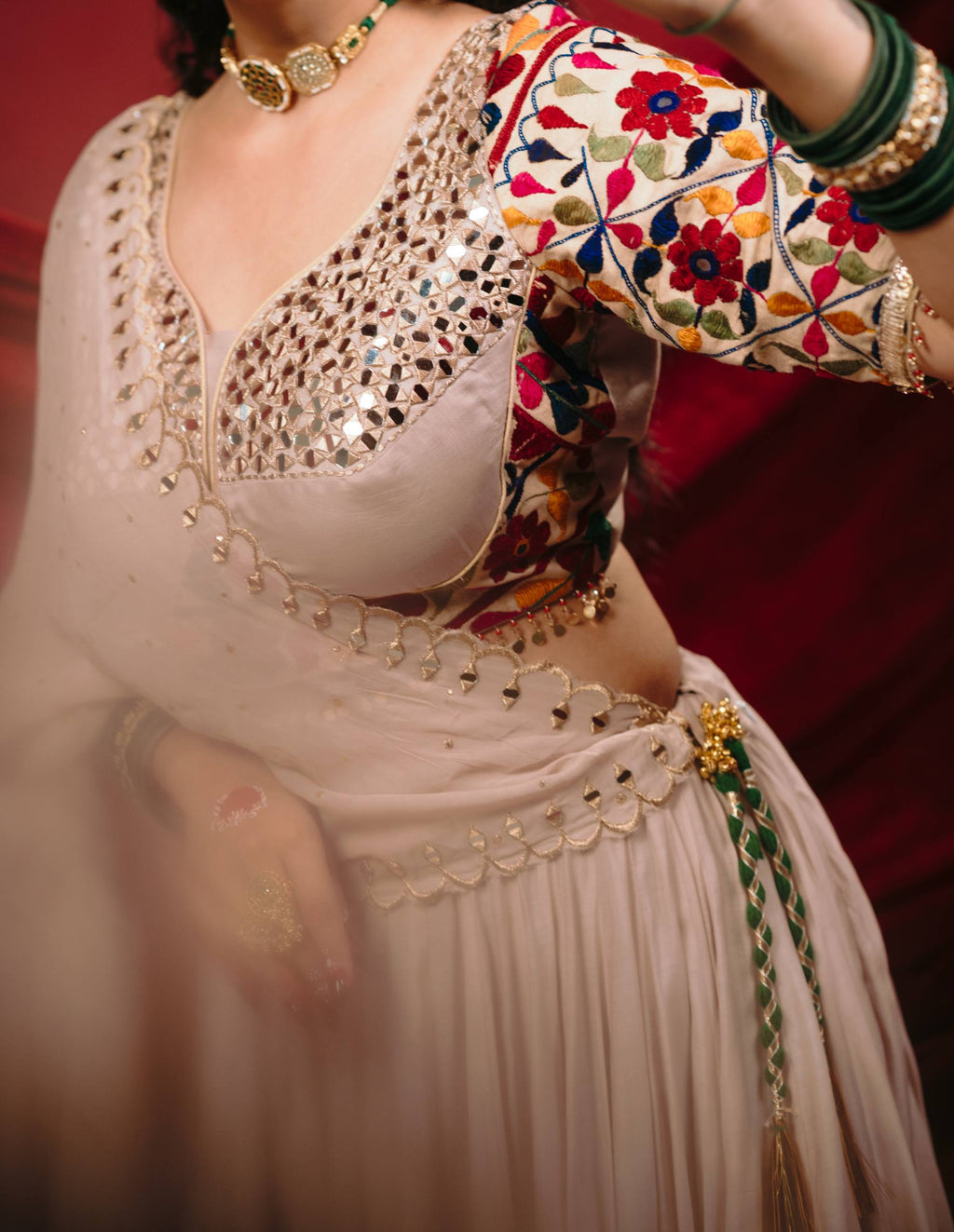 Ivory Mal Mal Cotton Mirror Work Choli Dupatta Flared Lehenga -Royal Garba Festive Look