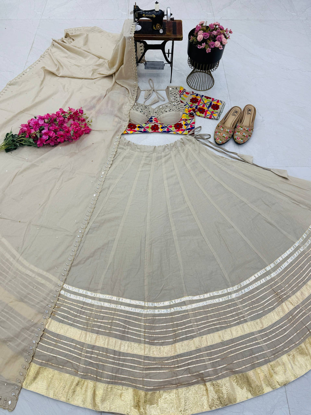 Ivory Mal Mal Cotton Mirror Work Choli Dupatta Flared Lehenga -Royal Garba Festive Look