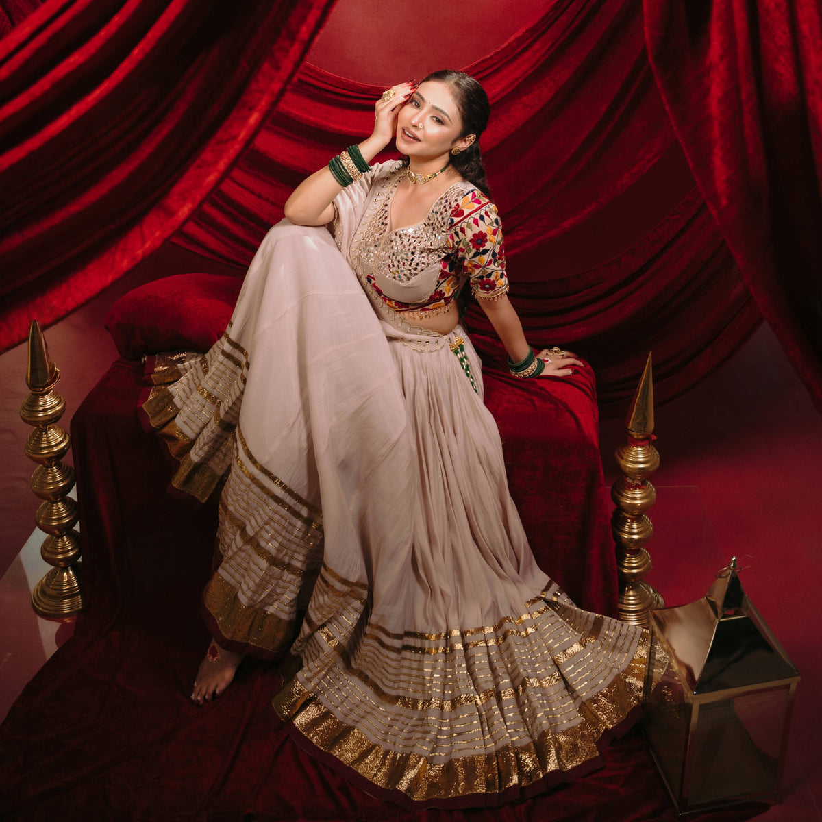 Ivory Mal Mal Cotton Mirror Work Choli Dupatta Flared Lehenga -Royal Garba Festive Look