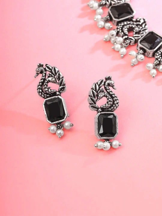 Silver-Plated Oxidized Black Peacock Designed Jewellery Set