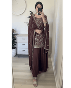 Elegant Seal Brown Georgette Top & Sharara Set Perfect for Wedding