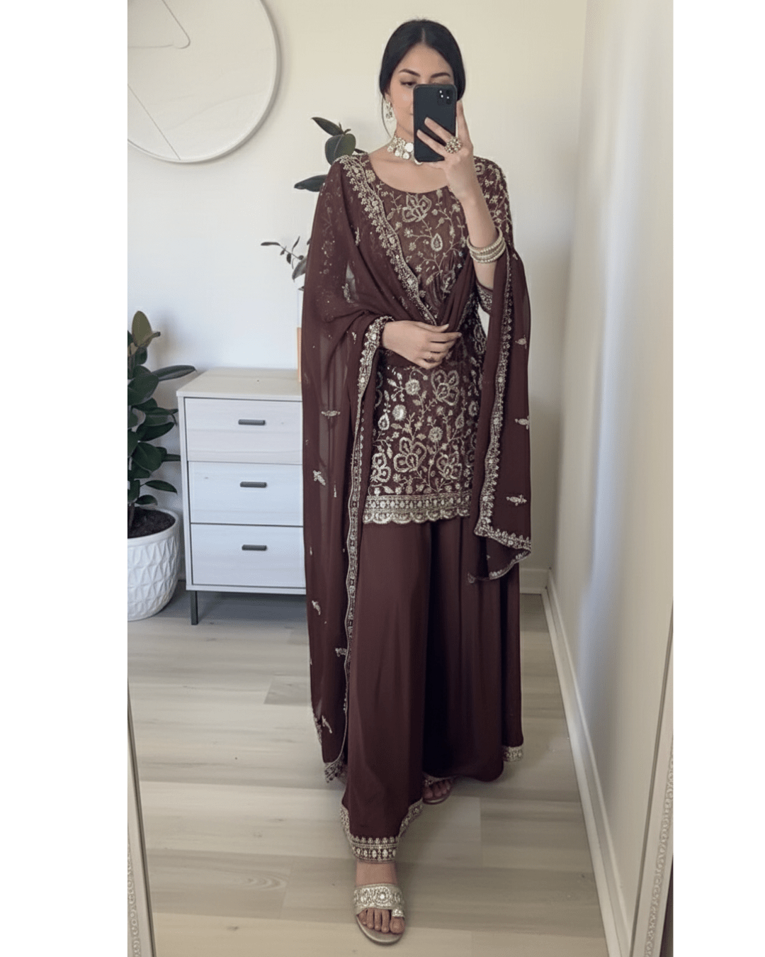 Elegant Seal Brown Georgette Top & Sharara Set Perfect for Wedding